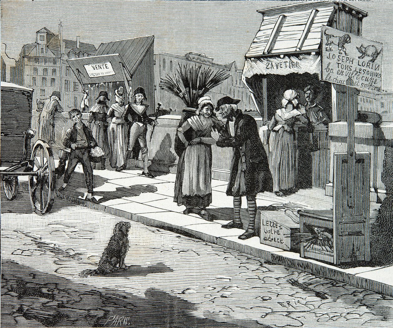 Trymery dla psów na moście nr 9 w Paryżu około 1796 r., Grawerowanie, kolekcja prywatna autorstwa Anonymous Anonymous