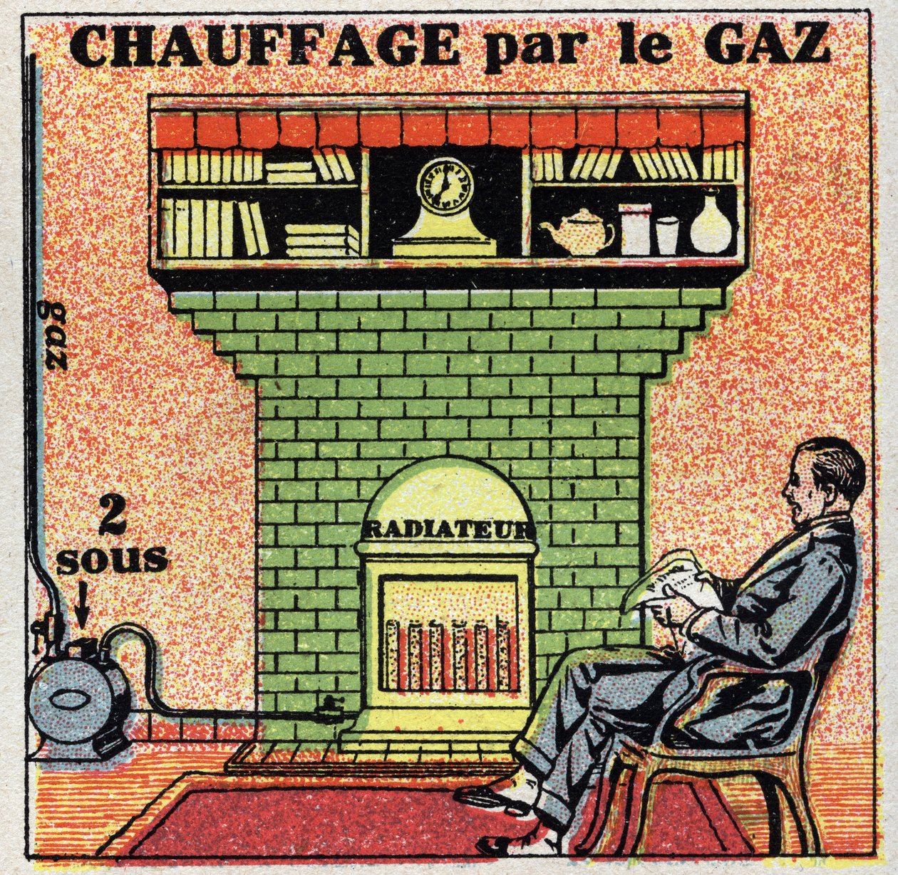 Ogrzewanie domowe: ogrzewanie gazowe. Anonimowa ilustracja z 1925 r. Ze zbiorów prywatnych. autorstwa Anonymous Anonymous