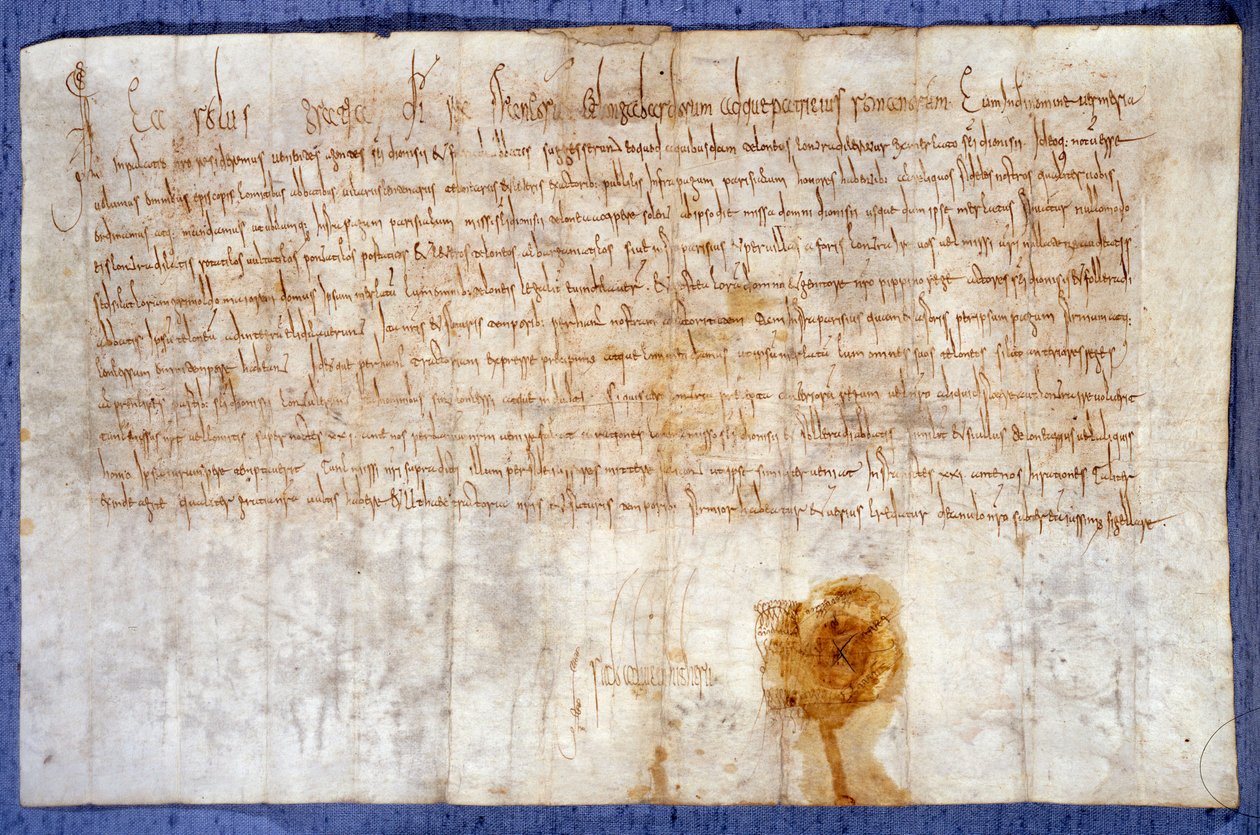 Dar króla Karola Wielkiego (Karol I, Karol Wielki lub Karol Magnus) (742-814) z posiadłości Luzarches i Mussy dla opactwa Saint Denis w dniu 25.02.0775. Paryż, Archiwa Narodowe autorstwa Anonymous Anonymous