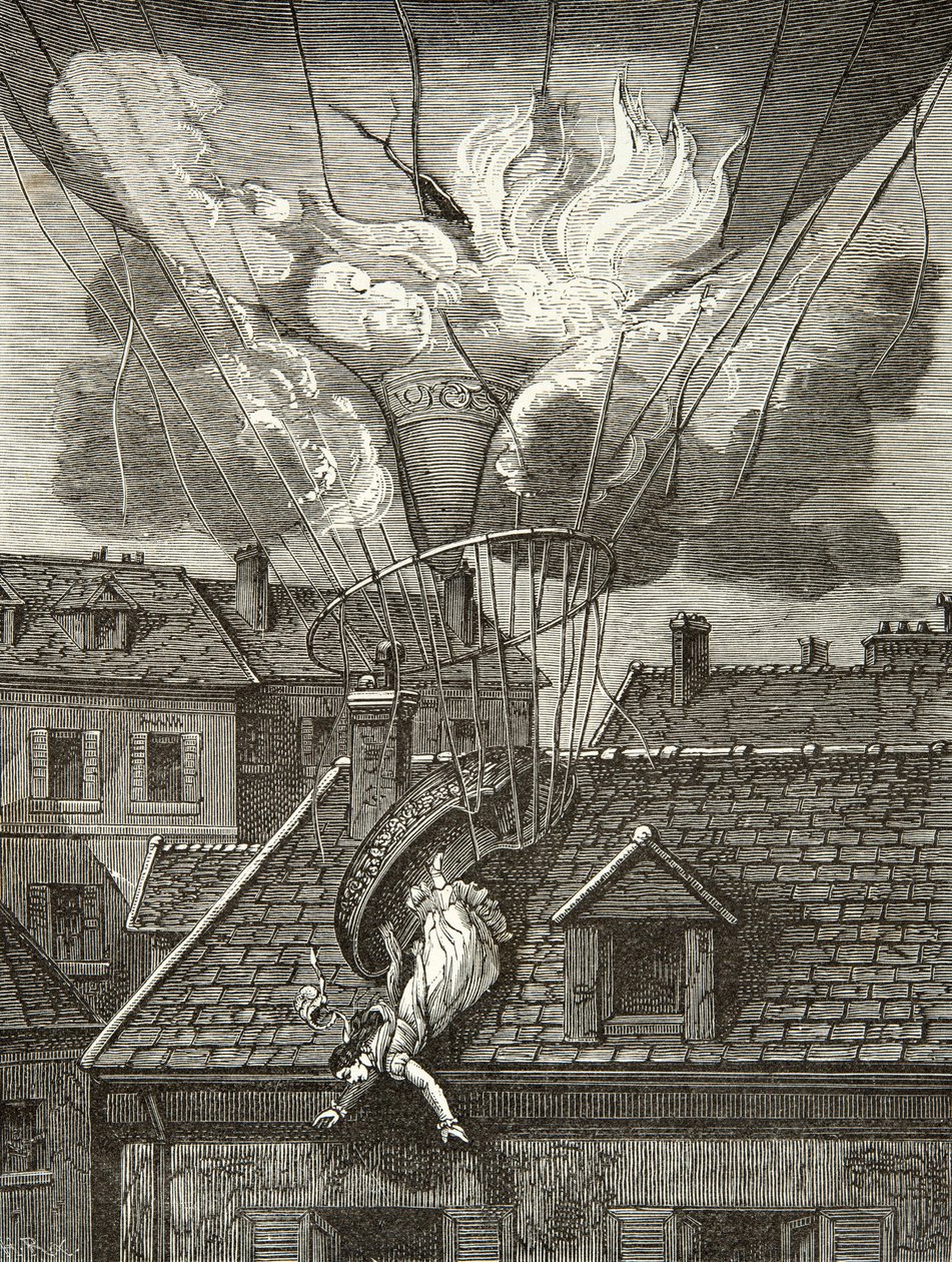 Dramatyczna śmierć Madame Sophie Blanchard (1778-1819), lotnik 6 lipca 1819 nad ogrodami Tivoli w Paryżu, rycina, kolekcja prywatna autorstwa Anonymous Anonymous
