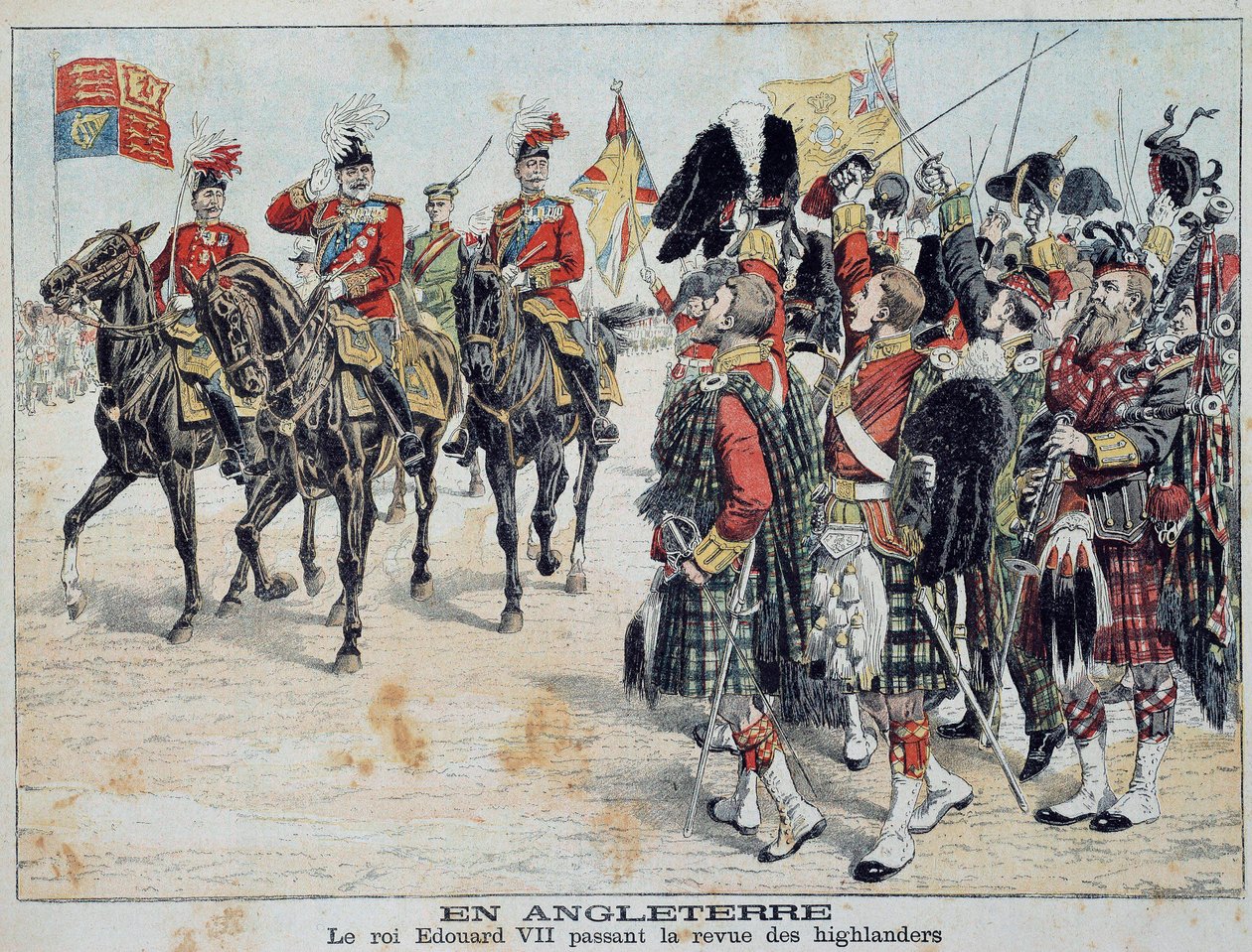 Edward VII (1841-1910) król Anglii recenzuje ilustrację szkockich górali ze znakomitego dodatku „Mały pamiętnik” z 1905 r. Prywatna kolekcja autorstwa Anonymous Anonymous