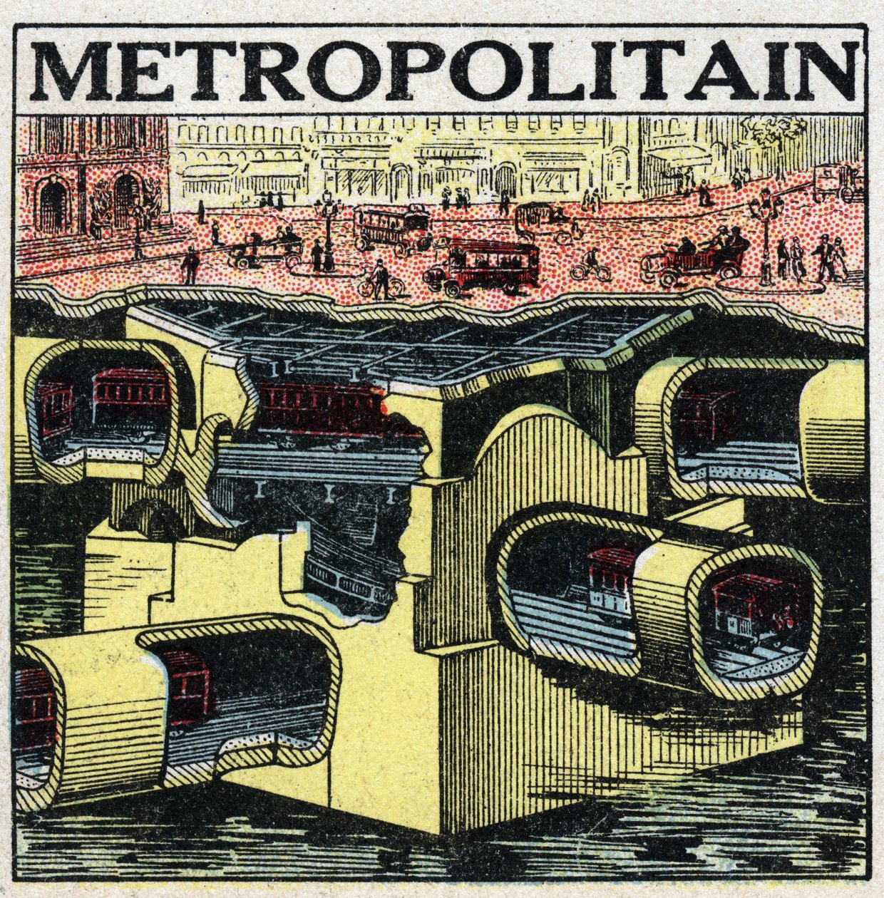 Tramwaje elektryczne: przekrój paryskiego gruntu ukazujący linie Metropolitan. Anonimowa ilustracja z 1925 r. Ze zbiorów prywatnych. autorstwa Anonymous Anonymous