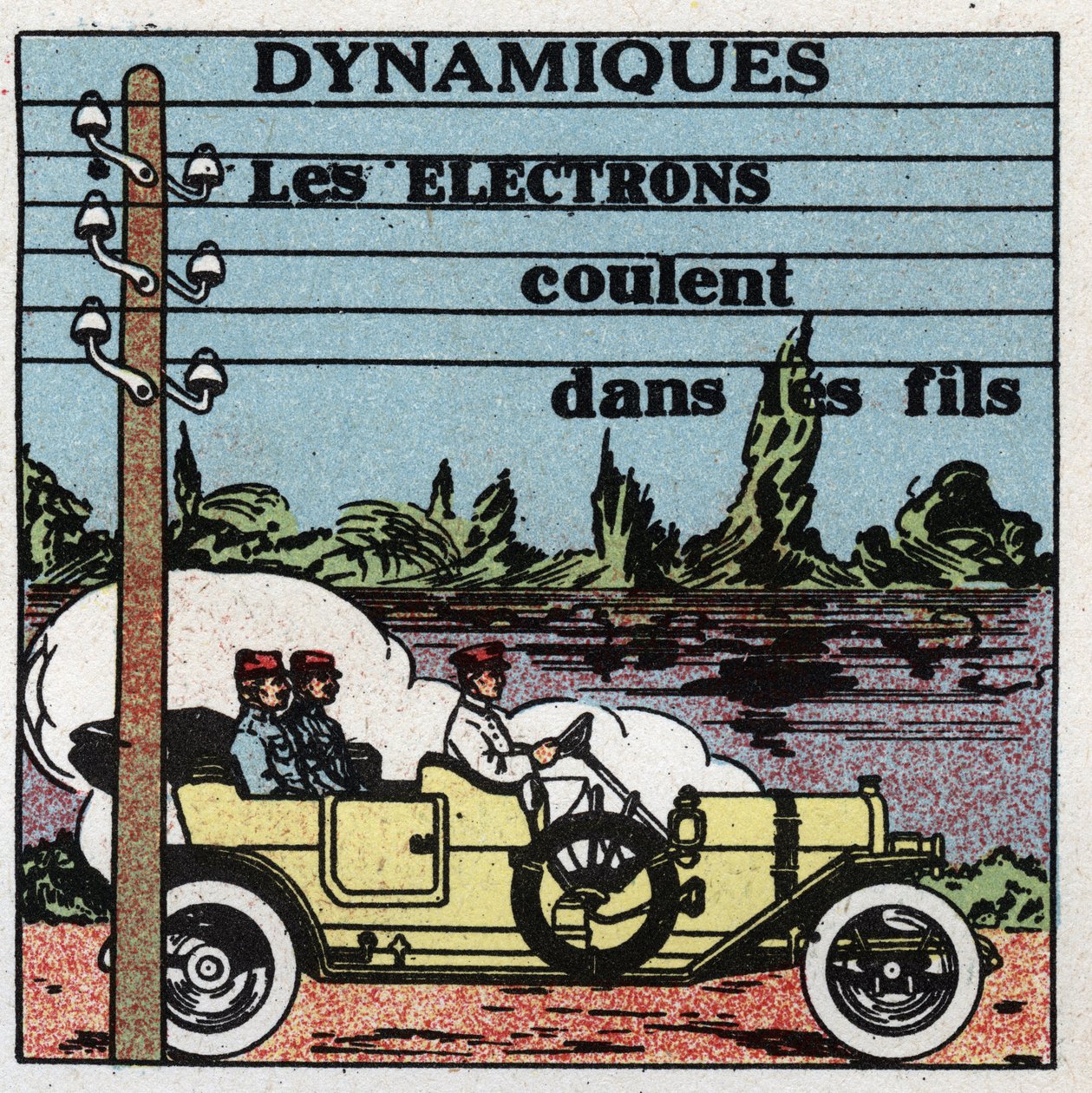 Zjawiska elektryczne: zjawiska dynamiczne. Elektrony przepływają przez przewody elektryczne. Anonimowa ilustracja z 1925 r. Ze zbiorów prywatnych. autorstwa Anonymous Anonymous