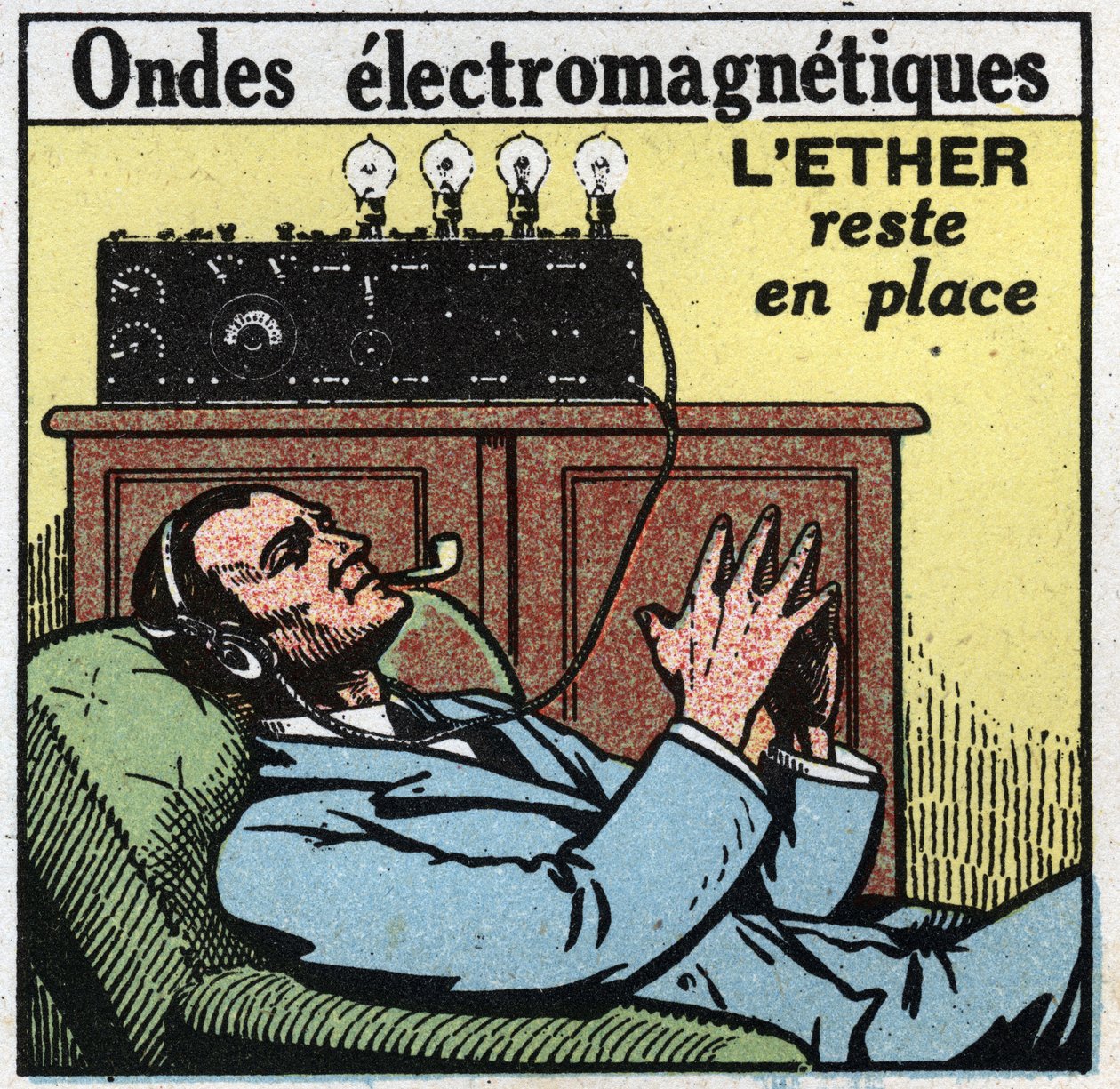 Zjawiska elektryczne: jeśli eter pozostaje na swoim miejscu, ruch wibracyjny daje fale elektromagnetyczne używane w T.S.F. Anonimowa ilustracja z 1925 r. Ze zbiorów prywatnych. autorstwa Anonymous Anonymous