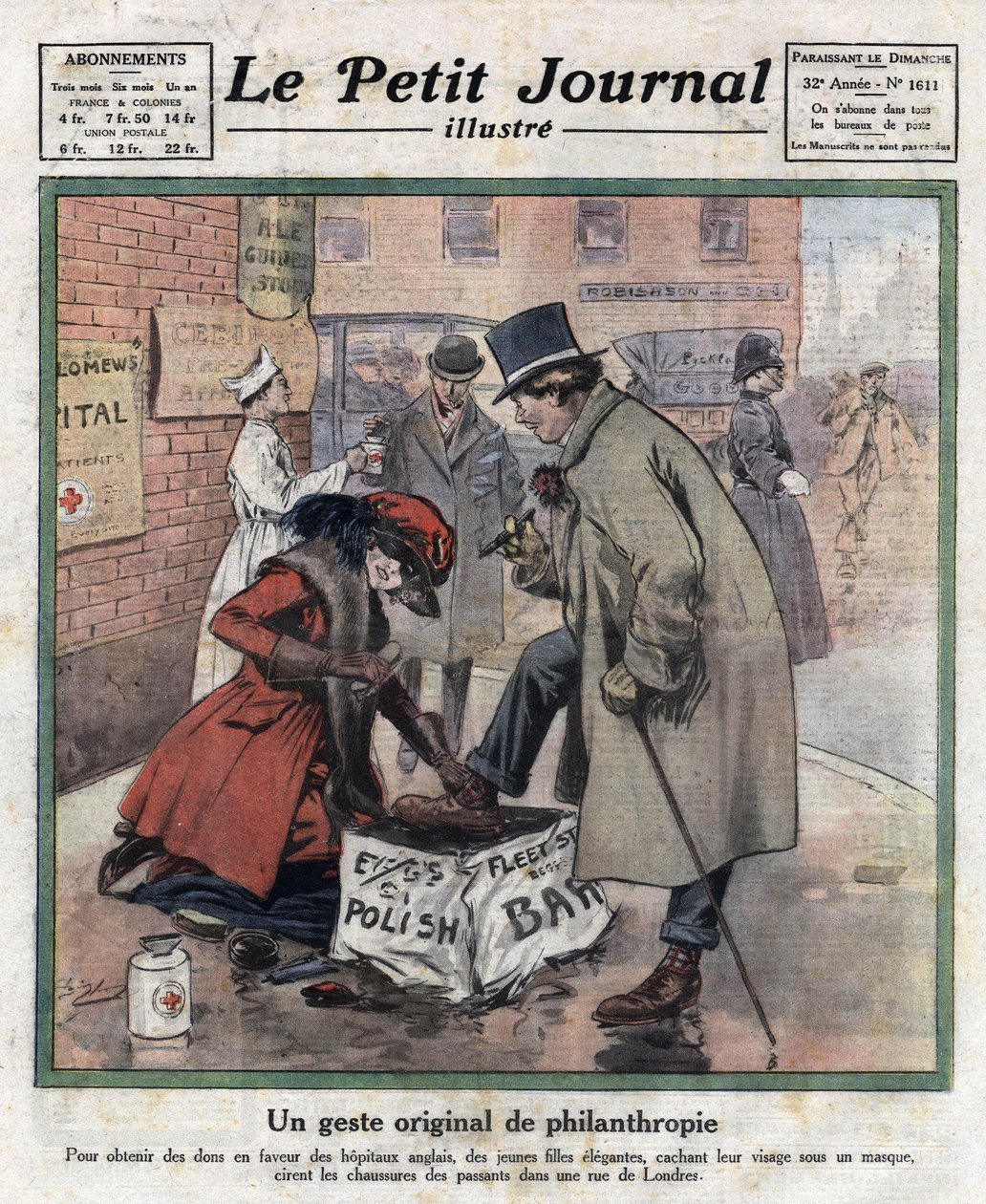 Eleganckie młode dziewczyny, których twarz skrywa się za maską, woskują buty przechodniów Londynu, aby zebrać pieniądze na angielskie szpitale. Ilustracja zaczerpnięta z „Le petit journal illustrious”” z 6.11.1921. Prywatna kolekcja autorstwa Anonymous Anonymous