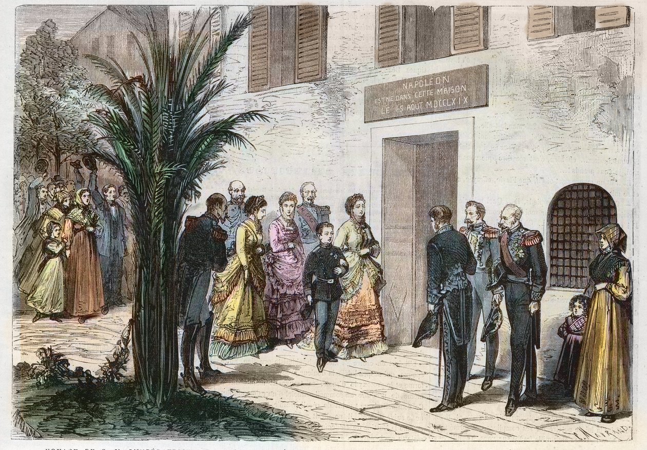 Cesarzowa Eugenia i książę cesarski Ludwik Napoleon odwiedzający dom, w którym urodził się Napoleon I, w Ajaccio, Korsyka, Francja 1869 - podróż księcia cesarskiego i cesarskiego - wizyta w domu Napoleona I do Ajaccio - 1869 autorstwa Anonymous Anonymous