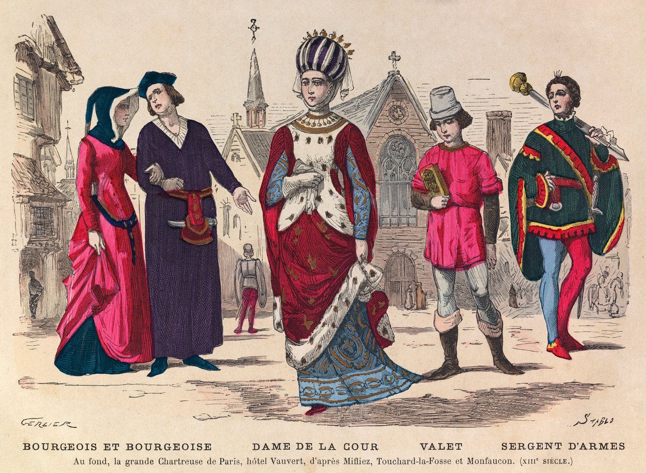 Grawer - Bourgeois et bourgeoise, dama dworu, lokaj, sierżant sztabowy w Paryżu w XIII wieku (w tle la grande Chatreuse de Paris, hotel Vauvert) - Stroje dworskie we Francji w XIII wieku - kolekcja prywatna autorstwa Anonymous Anonymous