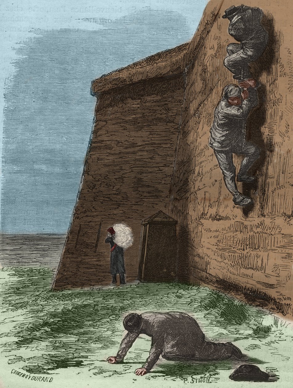 Ucieczka z więzienia Rochefort w XIX wieku. Grawer w „Historii skazanych od ich powstania do dnia dzisiejszego” (1877) autorstwa Pierre