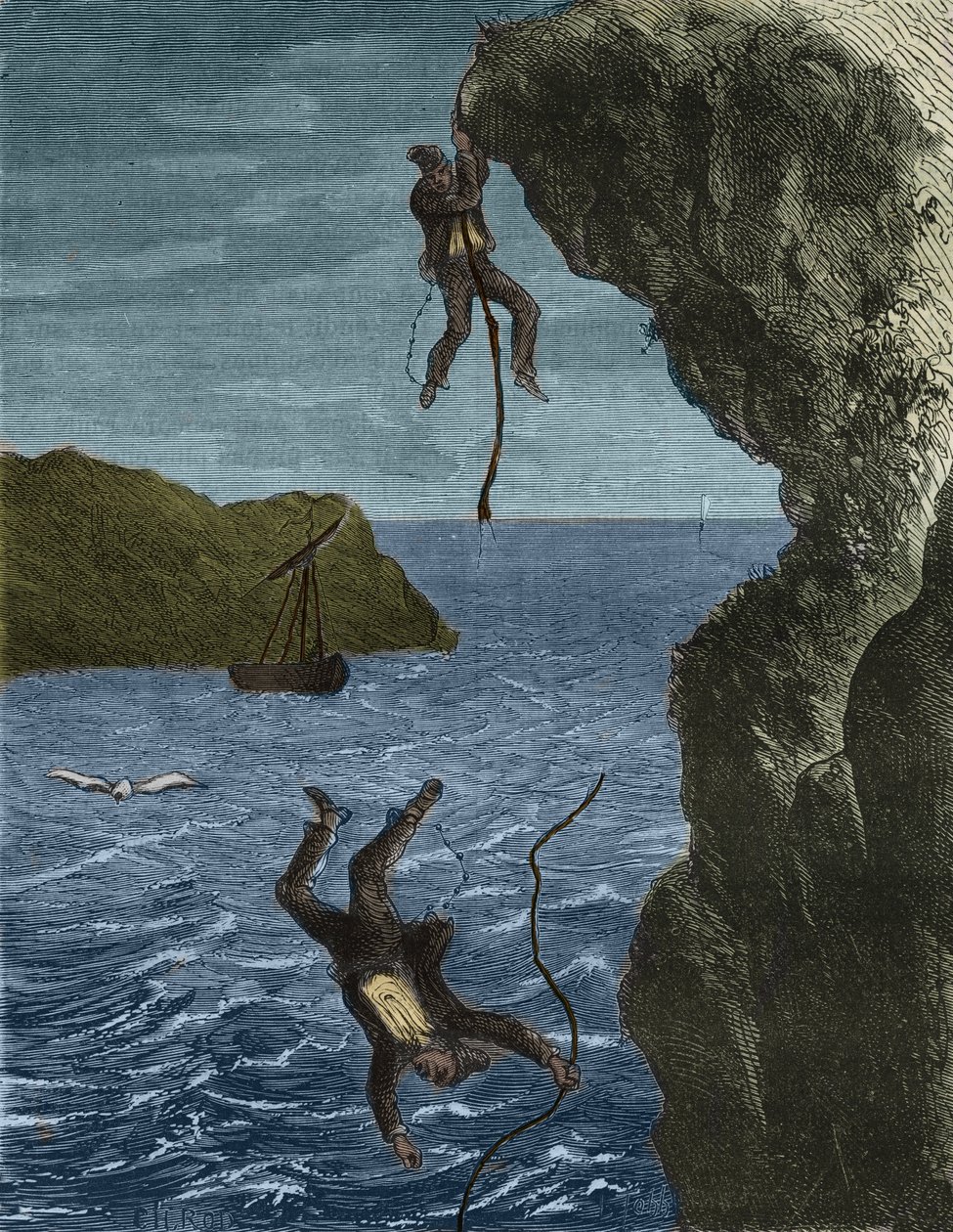 Ucieczka dwóch sił z więzienia Belle-Ile-en-Mer (piękna wyspa na morzu) w XIX wieku. Grawer „Historia skazanych od ich powstania do dnia dzisiejszego” (1877) autorstwa Pierre