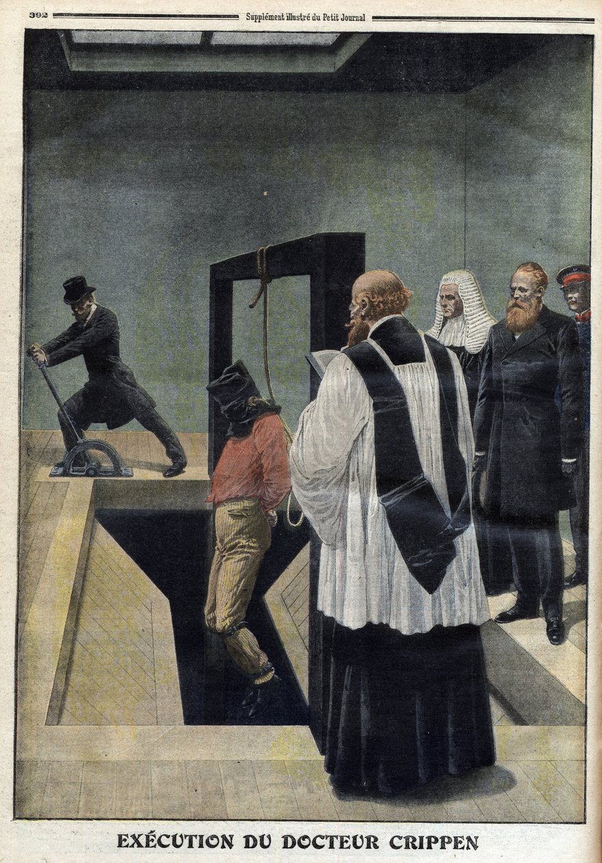 Egzekucja doktora Crippena, ilustracja z „The Petity Journal”, dodatek ilustrowany, 4 grudnia 1910 r. – Egzekucja dr. Herberta Hawleya Crippena w więzieniu Pentonville, skazanego na śmierć za zamordowanie pięknego Elmore