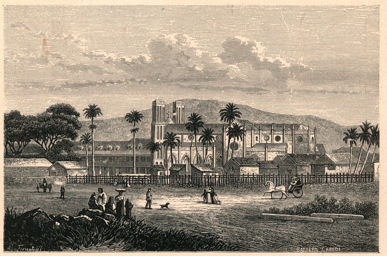 Zewnętrzny widok katedry Port of Spain (Port of Spain) w Trynidadzie (Trynidad i Tobago, Trynidad i Tobago). Grawer w „Les Missions Catholiques au XIXeme Siecle” Louis-Eugene (Louis Eugene) Louvet. prywatna kolekcja. autorstwa Anonymous Anonymous