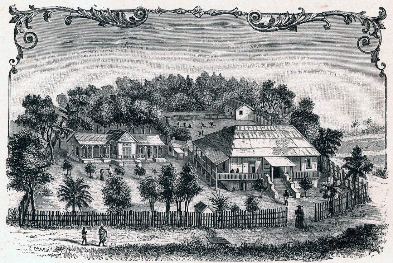 Widok z zewnątrz na plebanię i szkołę Hell Ville (Hell-Ville) (Andoany), stolicy wyspy Nosy Be na Madagaskarze. Grawer w „Les Missions Catholiques au XIXeme Siecle” Louis-Eugene (Louis Eugene) Louvet. prywatna kolekcja. autorstwa Anonymous Anonymous