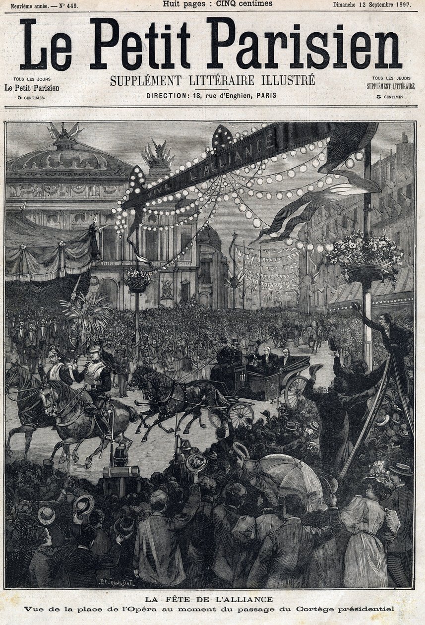 Święto sojuszu francusko-rosyjskiego (francusko-rosyjskiego): widok na Plac Operowy podczas przejścia orszaku prezydenckiego Feliksa Faure (1841-1899). W „Le Petit Parisien”” w dniu 12.09.1897. Prywatna kolekcja autorstwa Anonymous Anonymous