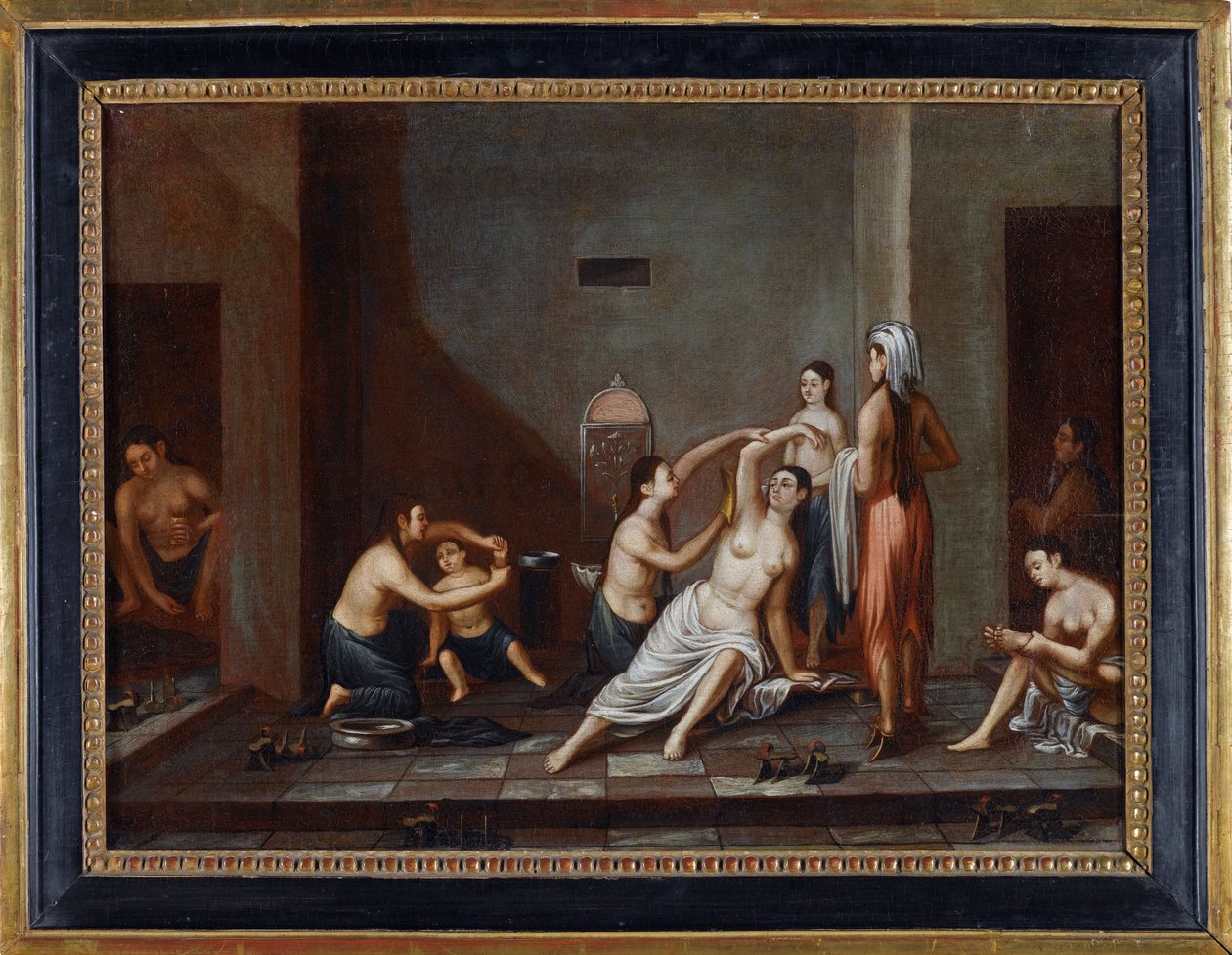 ""Kobiety myjące się w łaźni tureckiej"" (Kobiety w łaźni tureckiej) Anonimowy obraz 1741 - Olej na płótnie, 39x53 - Kolekcja prywatna autorstwa Anonymous Anonymous