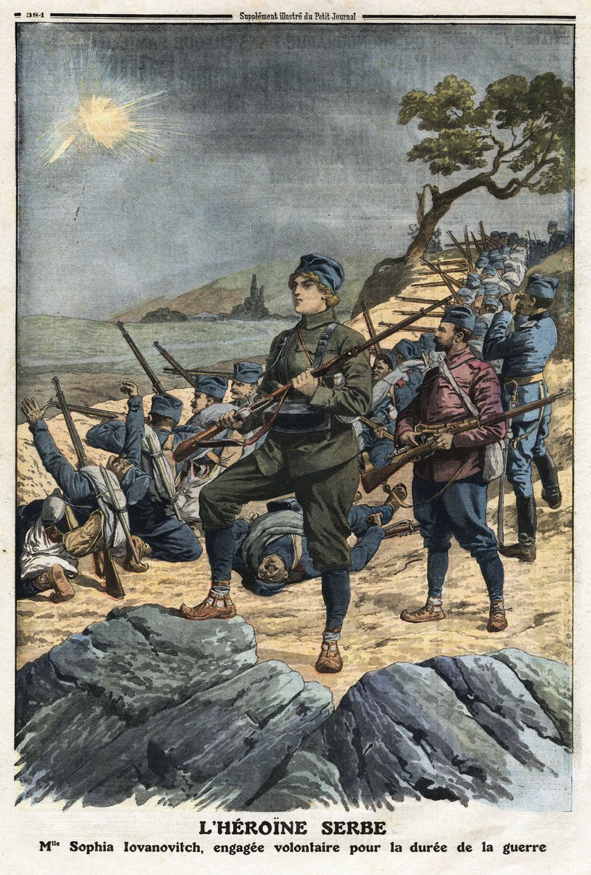 Pierwsza wojna bałkańska: portret Zofii Jowanowicz, młodej Serbki, która zgłosiła się na ochotnika przeciwko Turcji. Ilustracja zaczerpnięta z „”Le Petite Journal”” 01.12.1912 Kolekcja prywatna. autorstwa Anonymous Anonymous