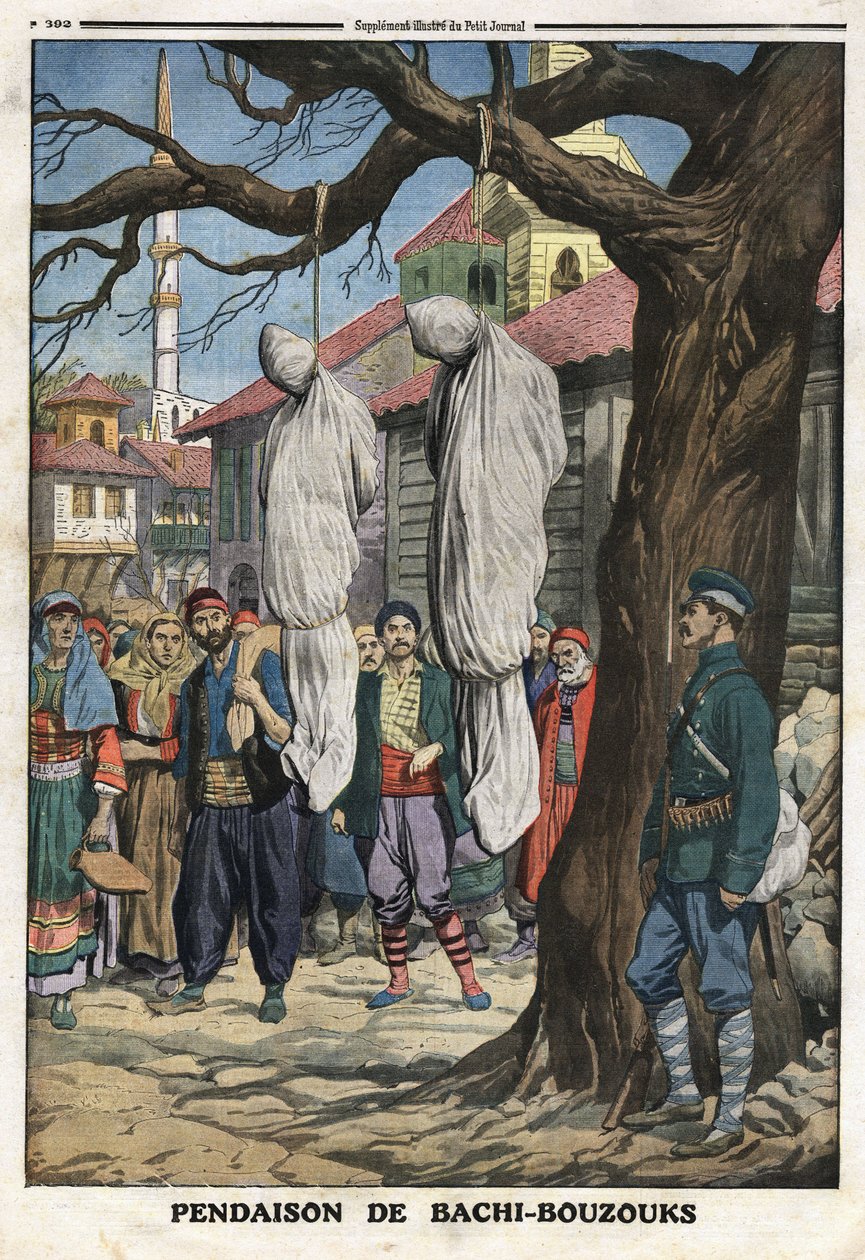 Pierwsza wojna bałkańska (Balkan): powieszenie Bachibuzuka (Bachibuzuk, Bachi Buzuk), najemnych jeźdźców armii osmańskiej, rabusiów i szabrowników, schwytanych przez wojska bułgarskie we wsi Ketcheukeli. Ilustracja zaczerpnięta z „Le Petite Journal”” 12.08 autorstwa Anonymous Anonymous
