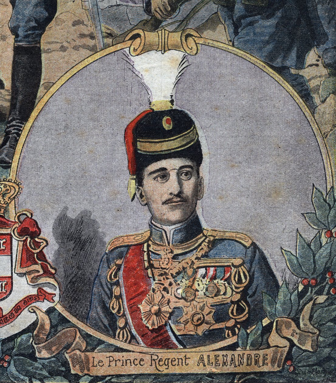 Pierwsza wojna światowa 1914-1918 (14-18): Portret księcia regenta Serbii Aleksandra, który został królem Aleksandrem I Jugosławii lub Aleksandrem II Serbii (1888-1934). Grawerowanie w „”Le Petite Journal”” autorstwa Anonymous Anonymous