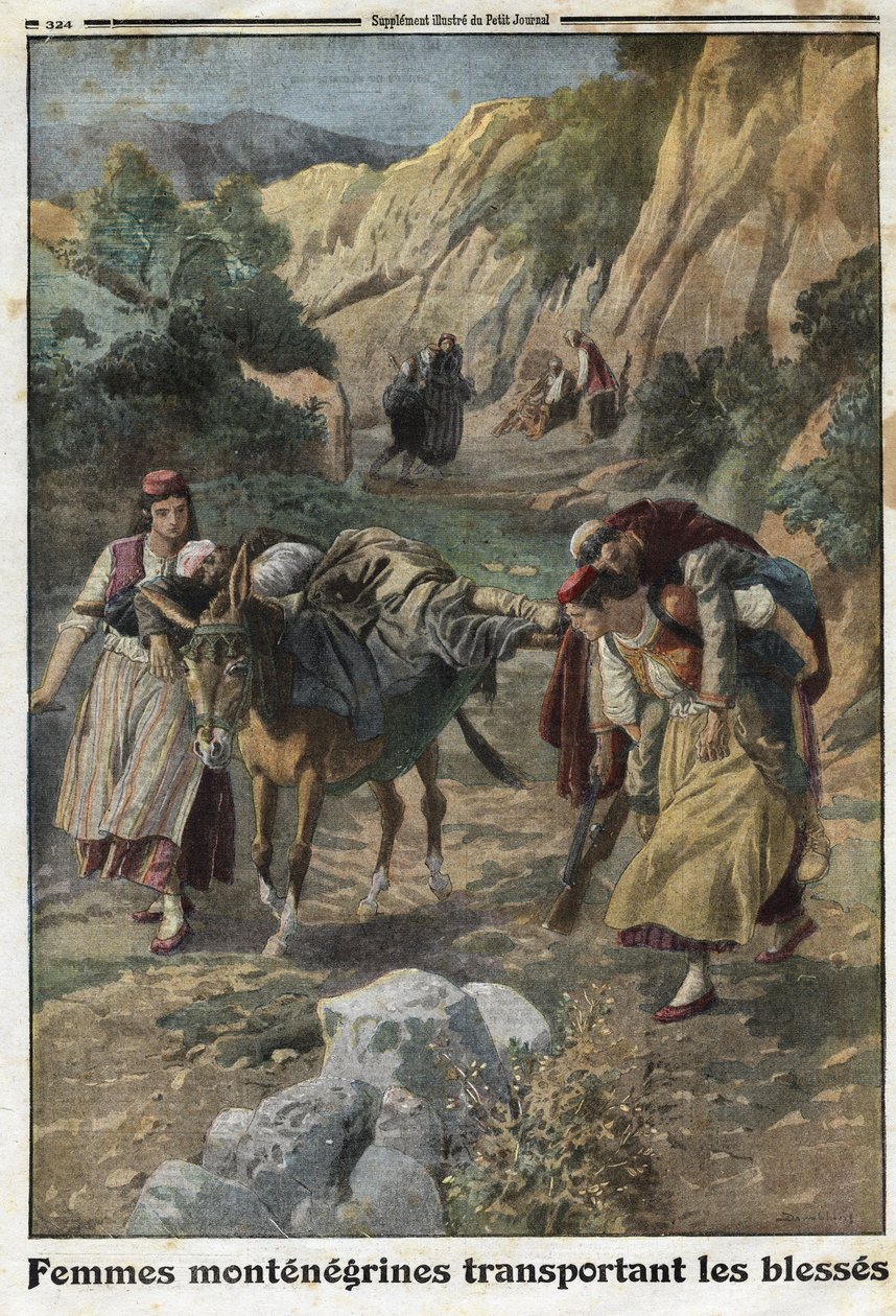 Pierwsza wojna światowa 1914-1918 (14-18): Czarnogórskie kobiety niosące rannych mężczyzn w czasie wojny na grzbiecie barweny lub na własnych barkach. Grawerowanie w „”Le Petite Journal””, dnia 5.12.1915. Prywatna kolekcja. autorstwa Anonymous Anonymous
