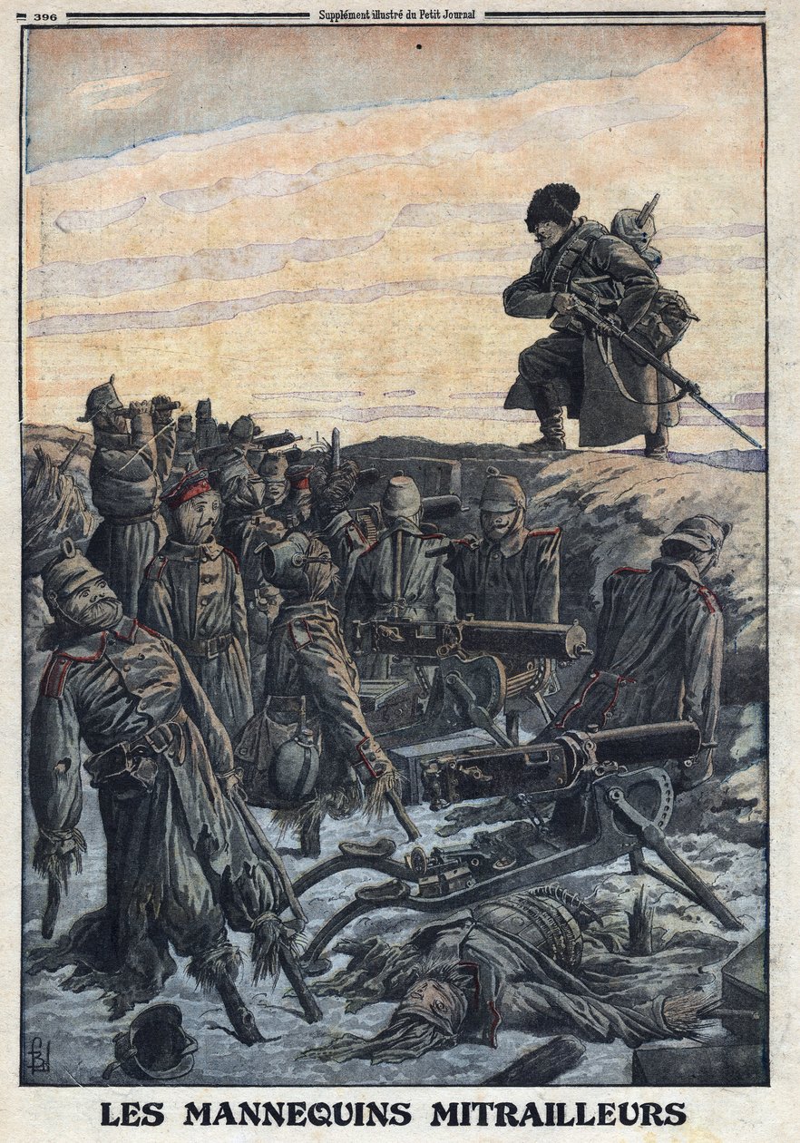 Pierwsza wojna światowa 1914-1918 (wojna 14-18). Niemieccy żołnierze używają manekinów, które mają w okopach z karabinami maszynowymi, aby oszukać rosyjskiego wroga w pułapkę. W „” Le Petite Journal””, z dnia 06.02.1916. Prywatna kolekcja autorstwa Anonymous Anonymous