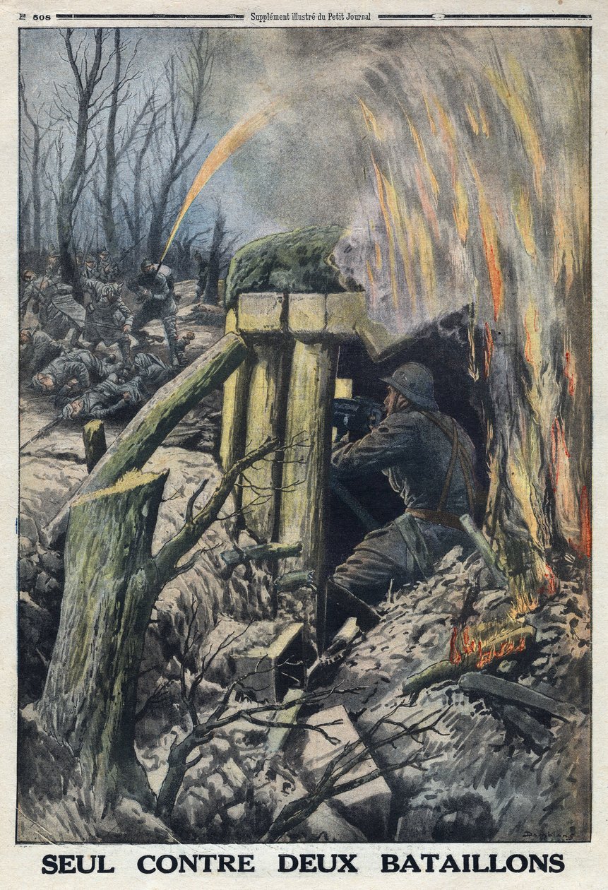 I wojna światowa 1914-1918 (wojna 14-18). Francuski oficer walczy samotnie z dwoma batalionami armii niemieckiej w Bois de Caures. W „” Le Petite Journal”, 14/05/1916. Prywatna kolekcja autorstwa Anonymous Anonymous