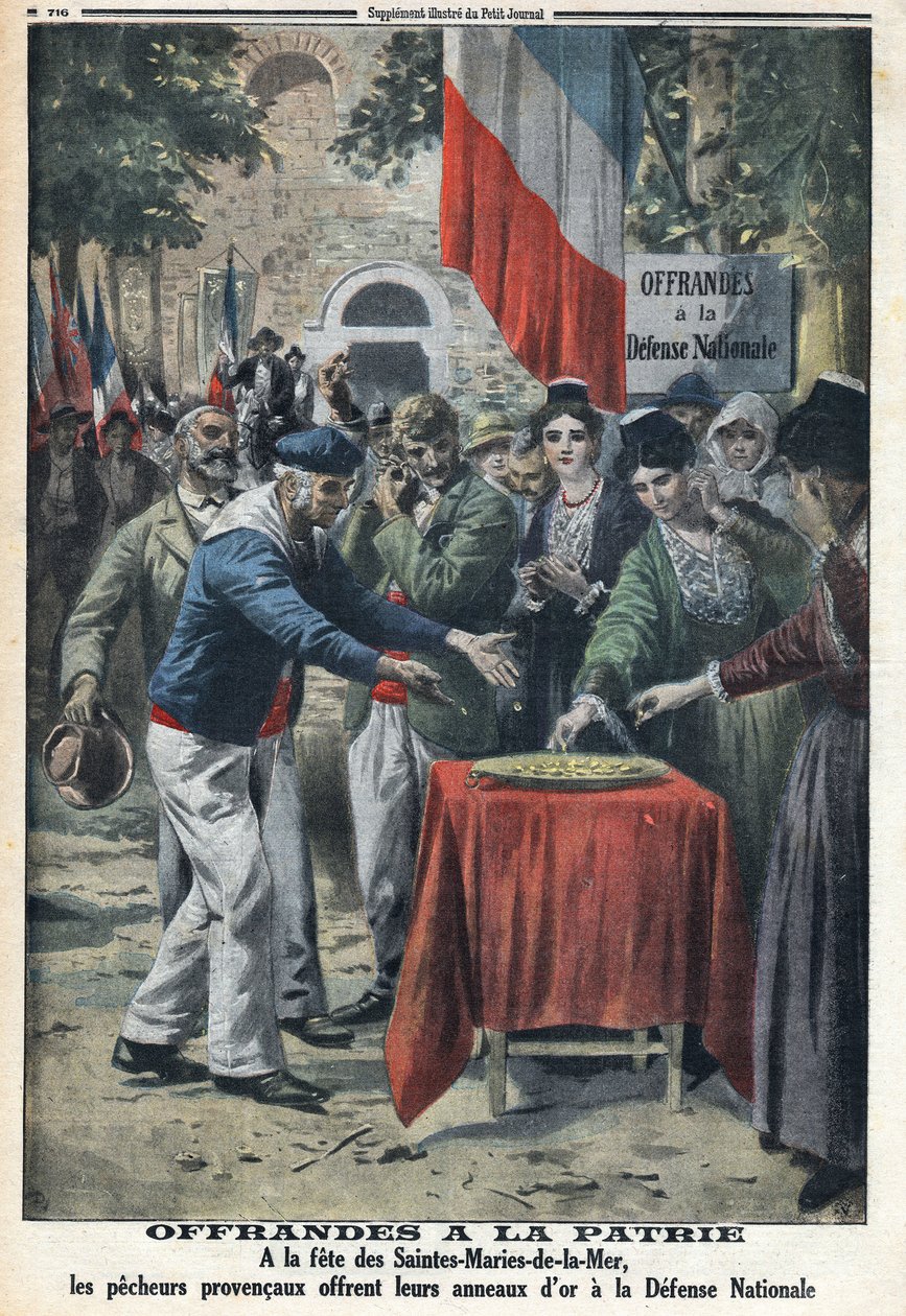 I wojna światowa 1914-1918 (wojna 14-18). Na fete des Saintes Maries de la Mer (Saintes-Maries-de-la-Mer) marynarze zaoferowali narodowi złote pierścienie, aby sfinansować pomoc dla obrony narodowej. W „” Le Petite Journal”, w dniu 12.11.1916. Prywatna kol autorstwa Anonymous Anonymous