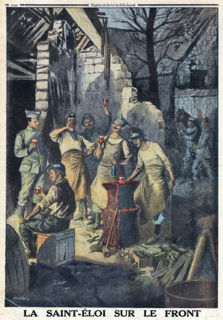 I wojna światowa 1914-1918 (wojna 14-18). Obchody świętego Eloja (Saint-Eloi) żołnierzy na froncie. Wszyscy piją kieliszek czerwonego wina na przyjęcie. W „” Le Petite Journal”, w dniu 3.12.1916. Prywatna kolekcja autorstwa Anonymous Anonymous