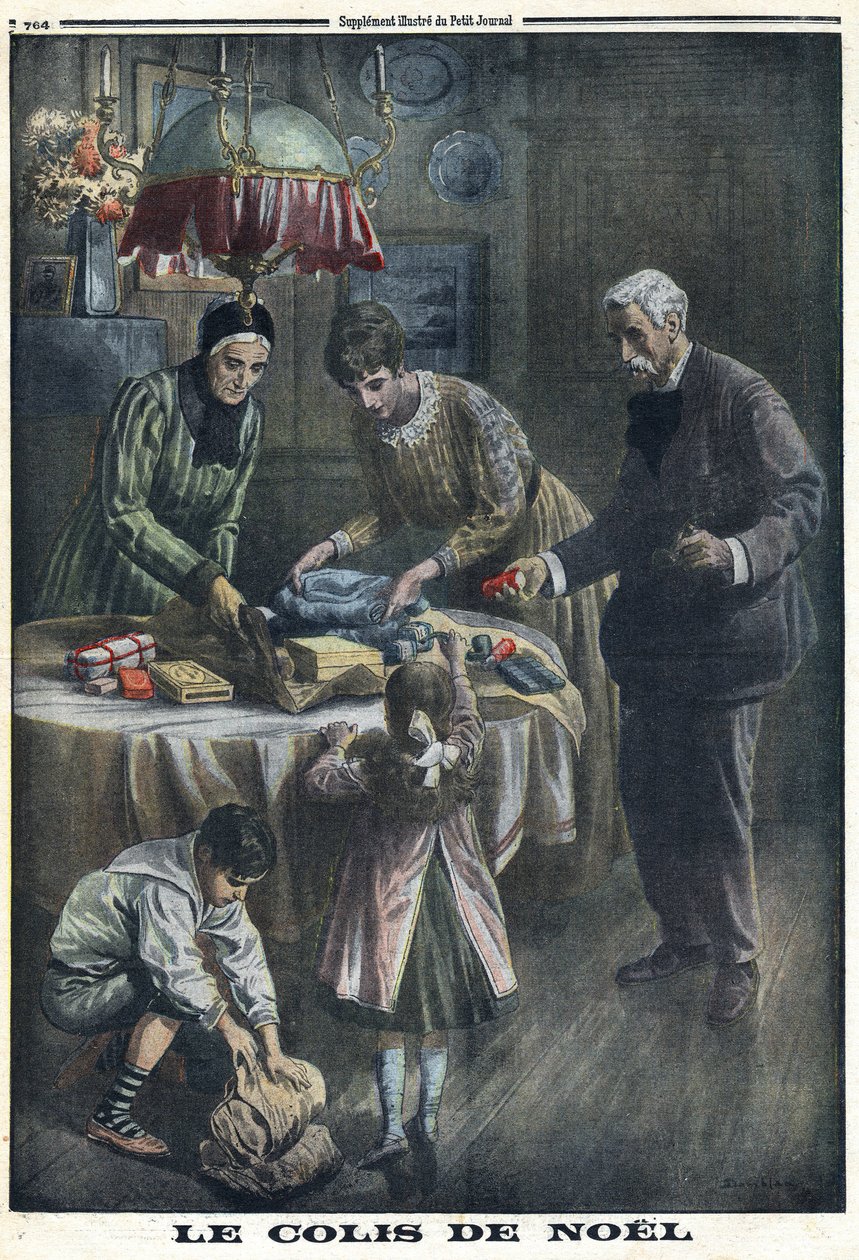 I wojna światowa 1914-1918 (wojna 14-18). Prezent świąteczny: Dzieci otrzymują i rozpakowują paczki, które otrzymały od ojca na polu bitwy w Wigilię. W „”Le Petite Journal””, dnia 24.12.1916. Prywatna kolekcja autorstwa Anonymous Anonymous