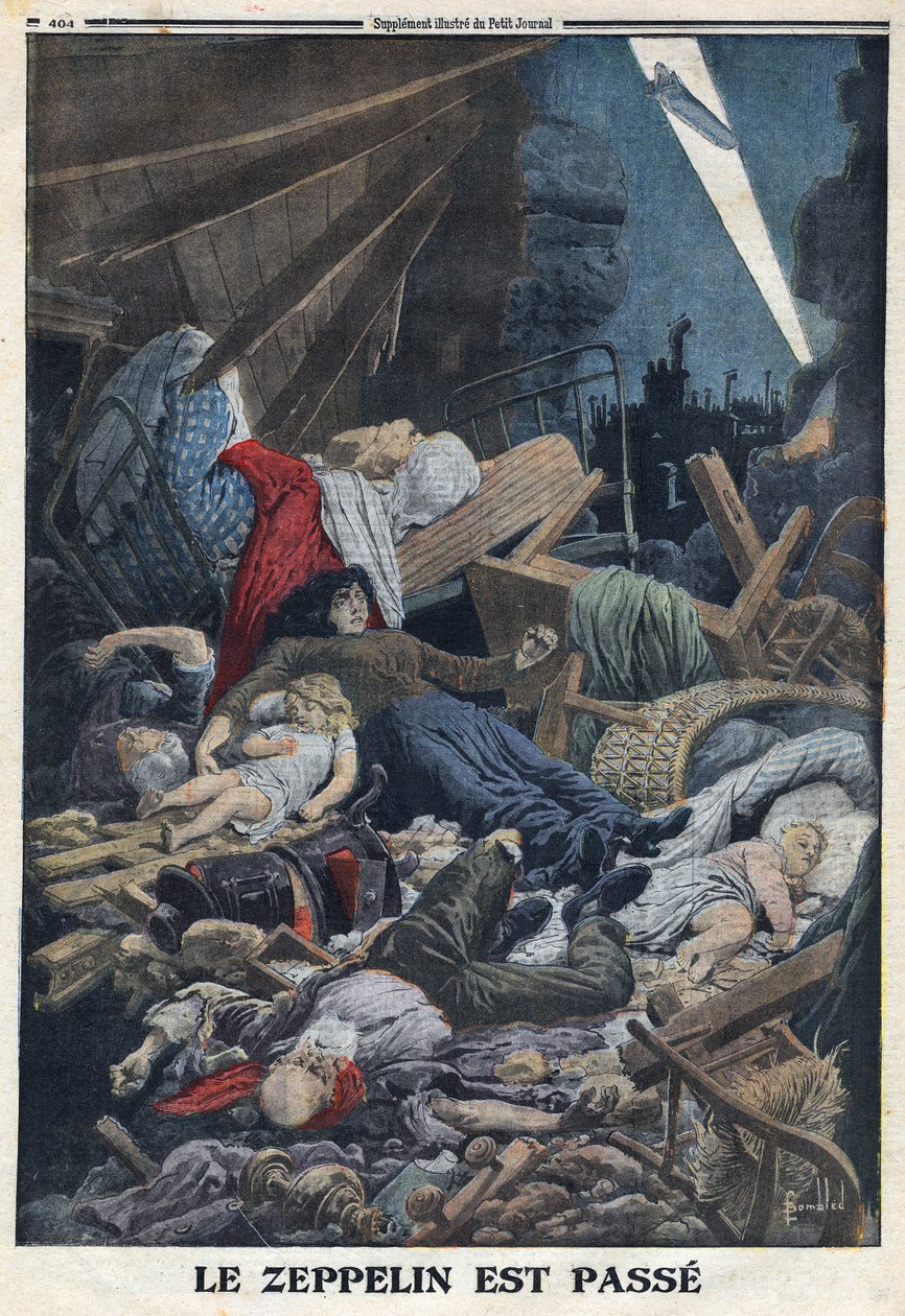 I wojna światowa 1914-1918 (wojna 14-18). Ludność cywilna zginęła w jej domu w wyniku bombardowania zeppelina niemieckiego lotnictwa. W „”Le Petite Journal””, dnia 13.02.1916. Prywatna kolekcja autorstwa Anonymous Anonymous