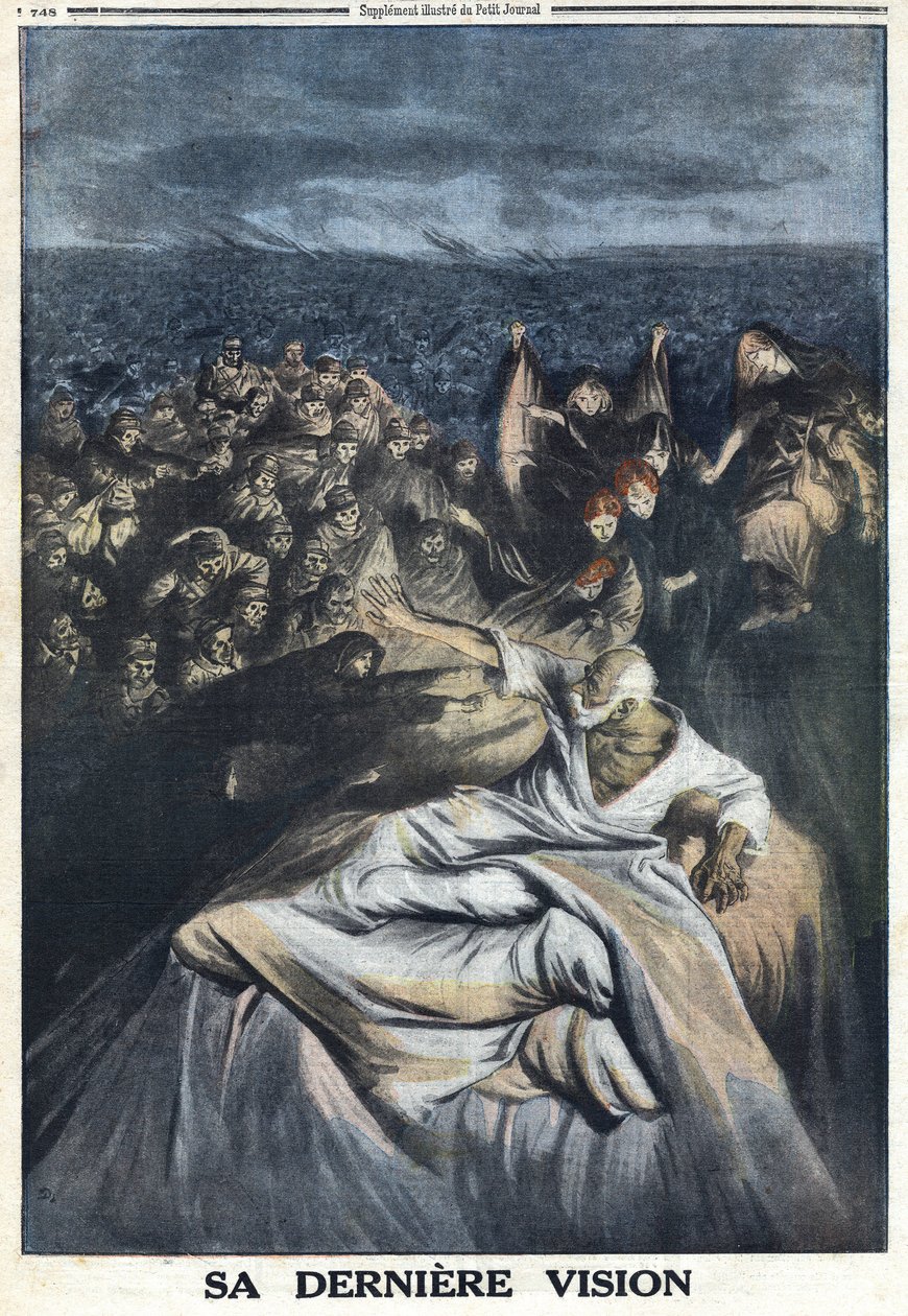 I wojna światowa 1914-1918 (wojna 14-18). Śmierć Franciszka Józefa I Austriaka (1830-1916). Jego najnowsza wizja przedstawiona tutaj czyni go winnym wszystkich niesławnych zbrodni, które popełnił. W „” Le Petité Journal” autorstwa Anonymous Anonymous
