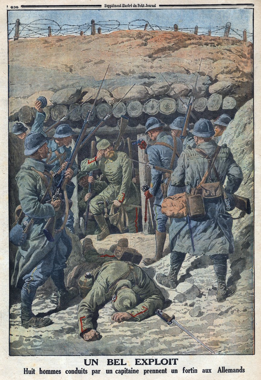 I wojna światowa 1914-1918 (wojna 14-18). Ośmiu żołnierzy armii francuskiej pod dowództwem kapitana odebrało Niemcom fort. W „” Le Petité Journal”, 3/09/1916. Prywatna kolekcja autorstwa Anonymous Anonymous