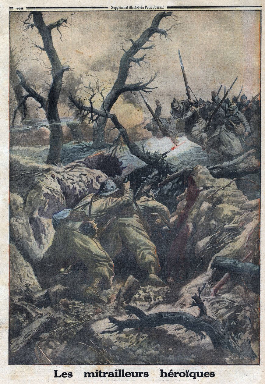 I wojna światowa 1914-1918 (wojna 14-18). Francuscy strzelcy maszynowi strzelali do atakujących wojsk niemieckich. W „”Le Petite Journal””, dnia 9.04.1916. Prywatna kolekcja autorstwa Anonymous Anonymous