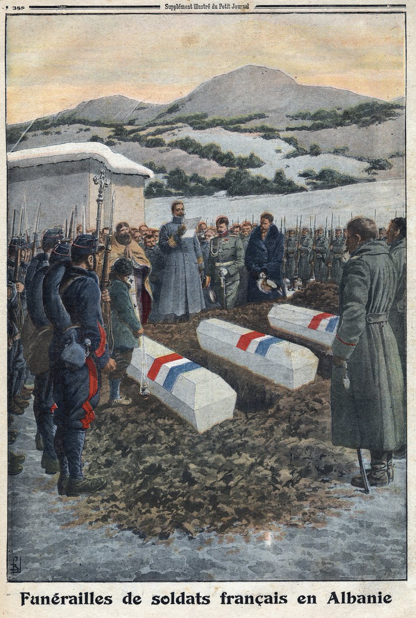 I wojna światowa 1914-1918 (wojna 14-18). Pogrzeb żołnierzy francuskich w Albanii. W „” Le Petite Journal” autorstwa Anonymous Anonymous