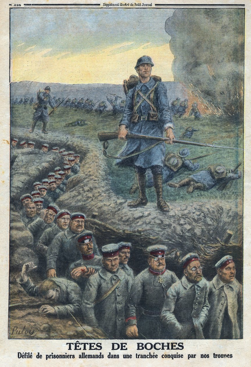 I wojna światowa 1914-1918 (wojna 14-18). „” Headheads””: kala jeńców niemieckich w okopach zdobytych przez wojska armii francuskiej. W „” Le Petité Journal””, dnia 5.03.1916. Prywatna kolekcja autorstwa Anonymous Anonymous