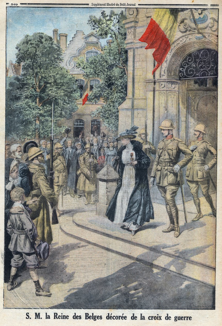 I wojna światowa 1914-1918 (wojna 14-18). Jej Królewska Mość Królowa Belgów Elżbieta de Baviere (1876-1965) została odznaczona krzyżem wojennym. W „Le Petite Journal” autorstwa Anonymous Anonymous