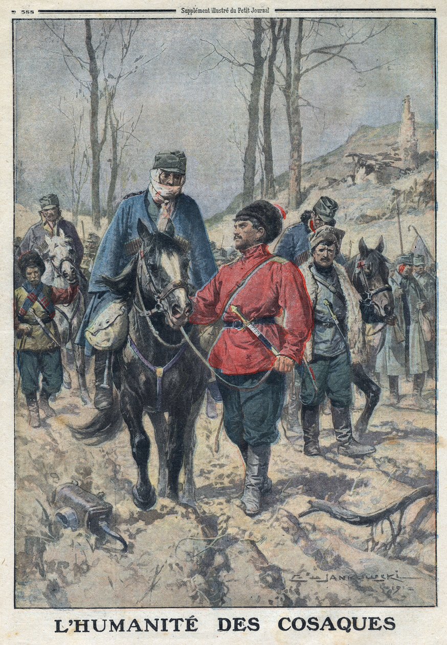 I wojna światowa 1914-1918 (wojna 14-18). Konie wypożycza się chorym lub rannym jeńcom austriackim armii Causac. W „”Le Petite Journal””, 23.07.1916. Prywatna kolekcja autorstwa Anonymous Anonymous