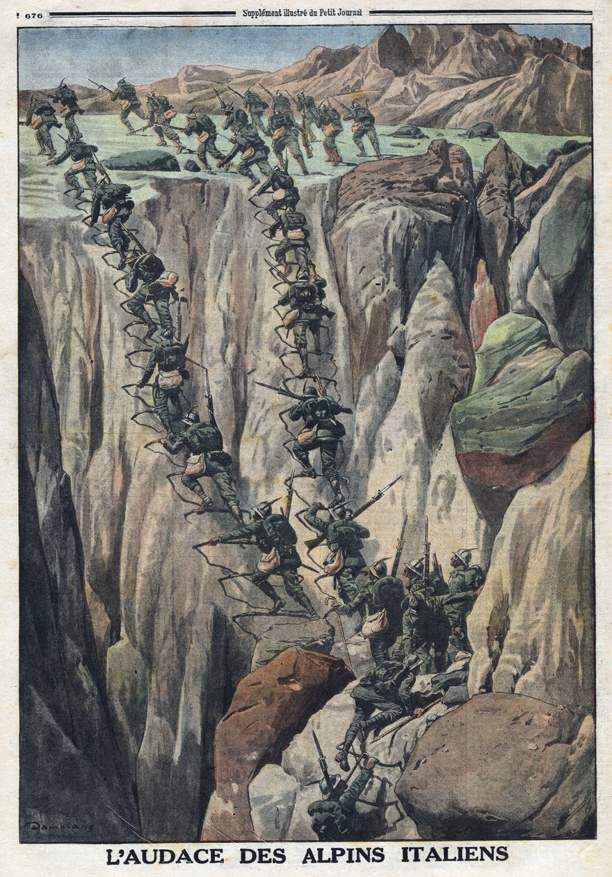 I wojna światowa 1914-1918 (wojna 14-18). Włoscy żołnierze wspinają się na szczyt Cauriol w Alpach Fiemme we Włoszech. W „Le Petite Journal”, 8 października autorstwa Anonymous Anonymous