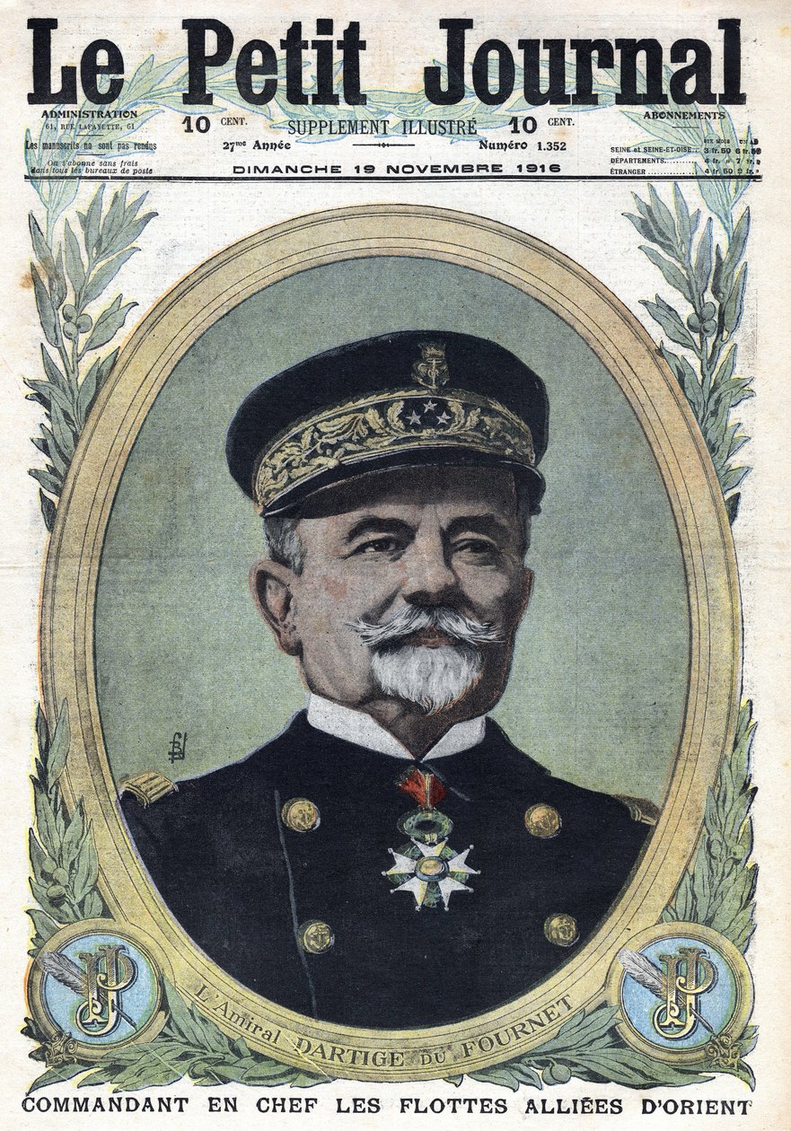 I wojna światowa 1914-1918 (wojna 14-18). Portret admirała Dartige du Fournet, dowódcy naczelnego alianckich flot Orientu. W „”Le Petite Journal””, dnia 19.11.1916. Prywatna kolekcja autorstwa Anonymous Anonymous