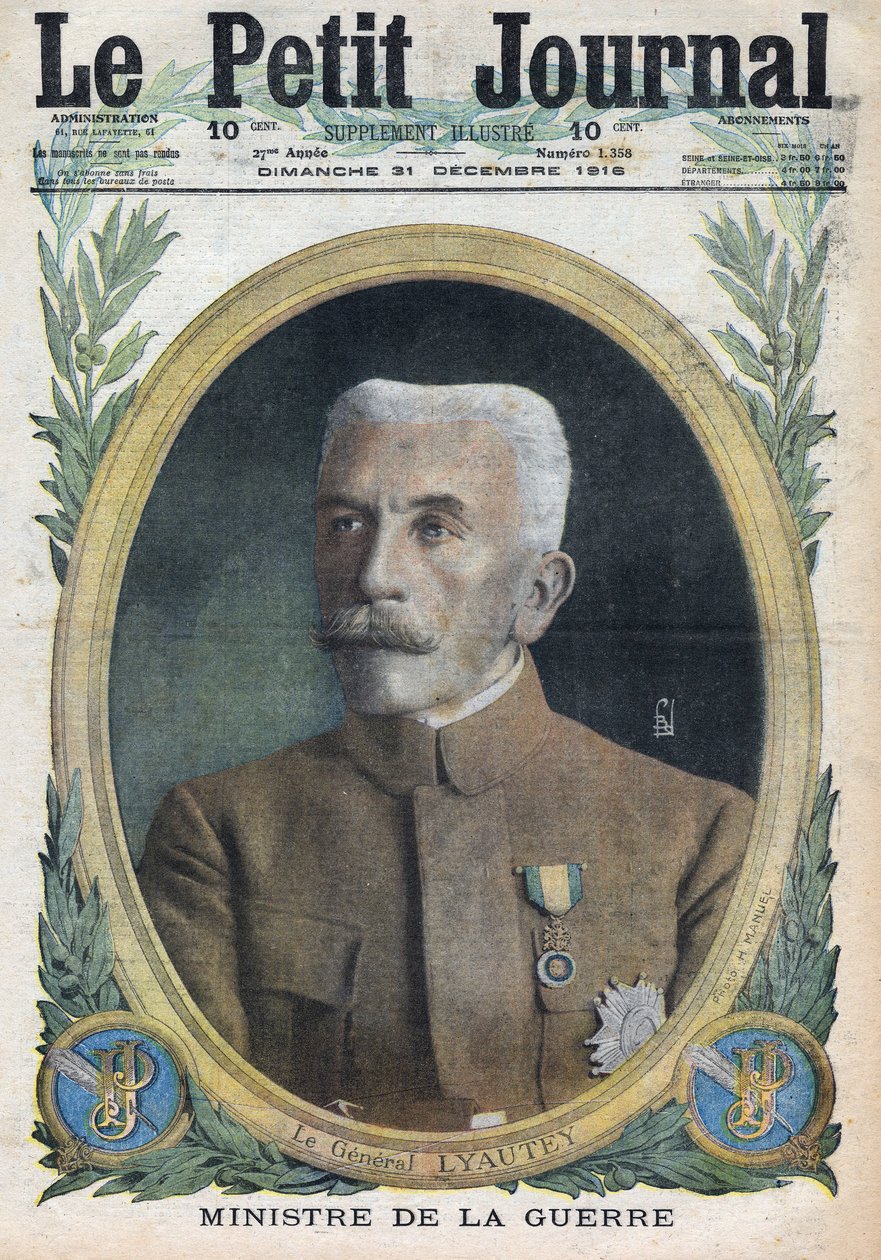 I wojna światowa 1914-1918 (wojna 14-18). Portret generała Huberta Lyauteya (Louis-Hubert-Gonzalve Lyautey) (1854-1934) ministra wojny. W „” Le Petite Journal””, 31.12.1916. Prywatna kolekcja autorstwa Anonymous Anonymous