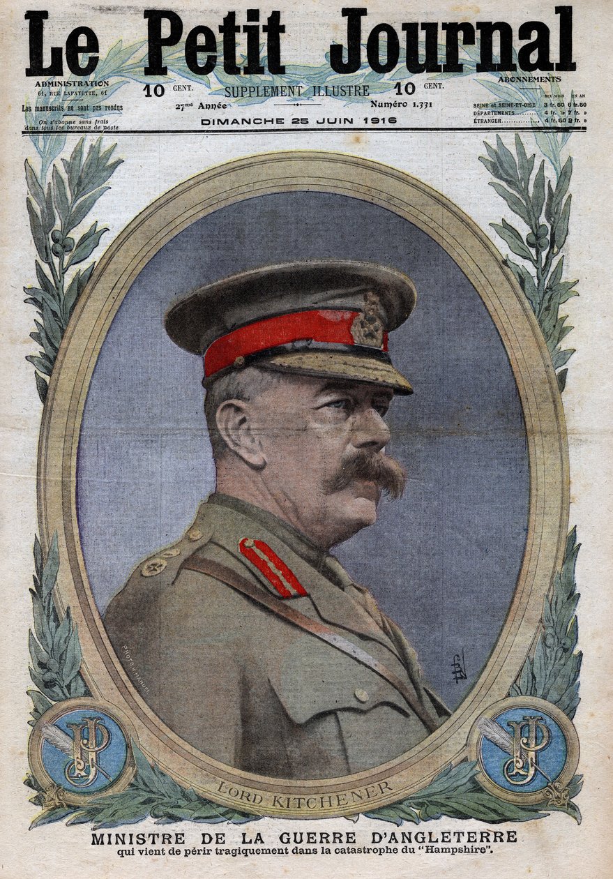 I wojna światowa 1914-1918 (wojna 14-18). Portret ministra wojny w Anglii Horatio Herberta Kitchenera (1850-1916). W „”Le Petite Journal””, 25.06.2019. Prywatna kolekcja autorstwa Anonymous Anonymous