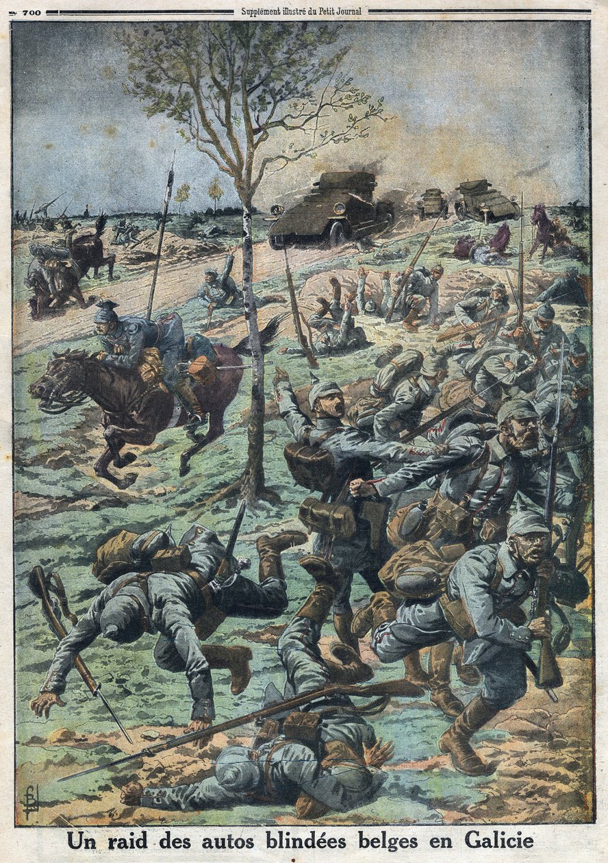 I wojna światowa 1914-1918 (wojna 14-18). Nalot belgijskich samochodów na ślepo w Galicji. W „Le Petite Journal”, 29.10.1916. Prywatna kolekcja autorstwa Anonymous Anonymous