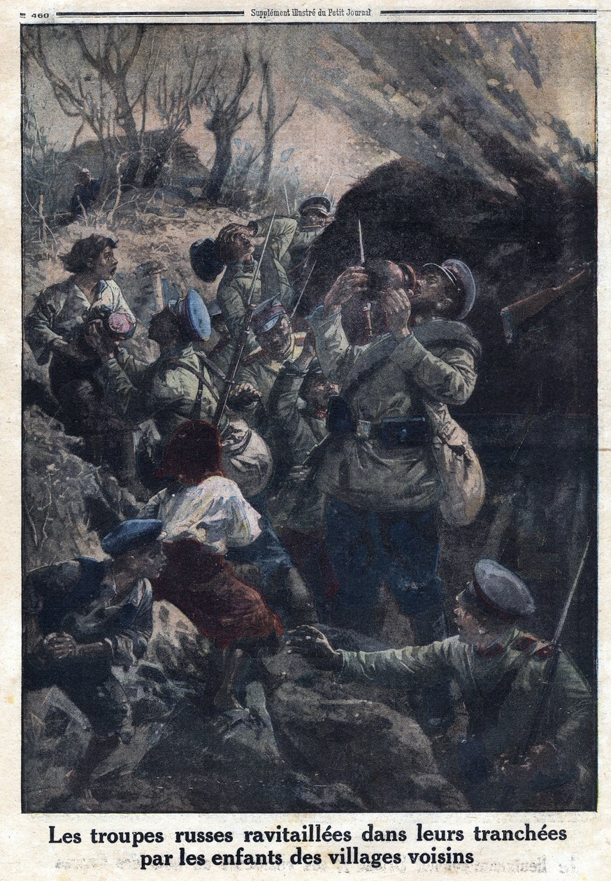 I wojna światowa 1914-1918 (wojna 14-18). Rosyjskie wojska tankowały w swoich okopach dzieci z okolicznych wsi. W „” Le Petite Journal””, z dnia 02.04.1916. Prywatna kolekcja autorstwa Anonymous Anonymous