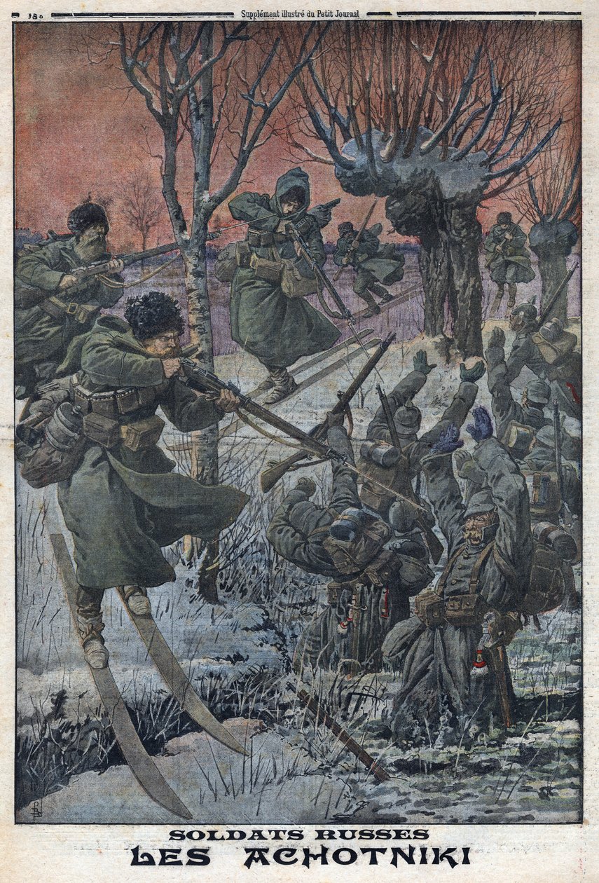 I wojna światowa 1914-1918 (wojna 14-18). Rosyjscy żołnierze Ahotniki na nartach strzelają do niemieckich żołnierzy. W „” Le Petite Journal”, 23.01.2016 r. Prywatna kolekcja autorstwa Anonymous Anonymous