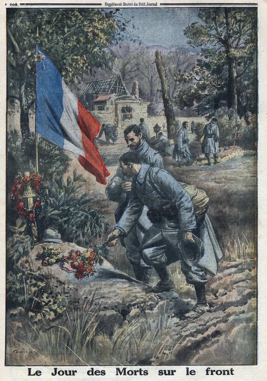 I wojna światowa 1914-1918 (wojna 14-18). Dzień zmarłych na froncie: Żołnierze w Dzień Wszystkich Świętych rozkwitają na grobie poległych żołnierzy. W „”Le Petite Journal””, dnia 5/11/1916. Prywatna kolekcja autorstwa Anonymous Anonymous