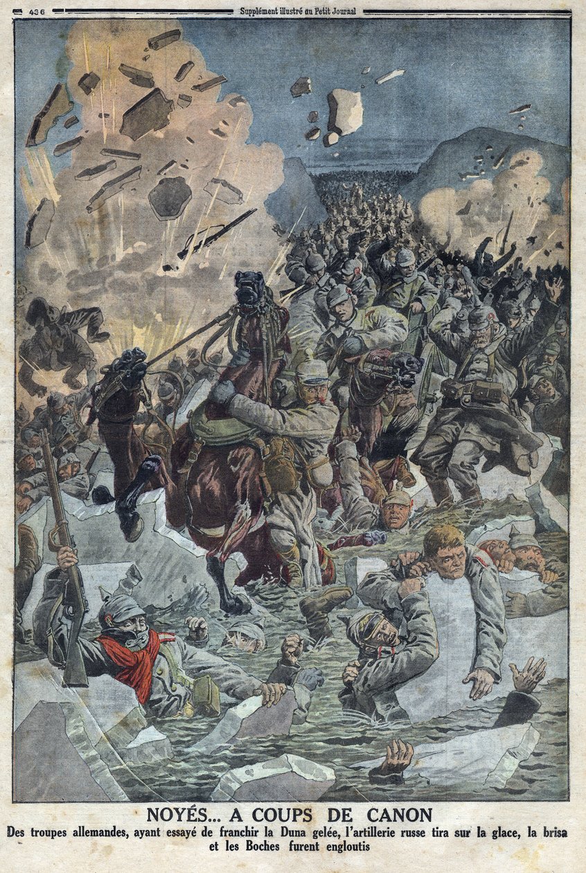 I wojna światowa 1914-1918 (wojna 14-18). Armia niemiecka próbuje przeprawić się przez rzekę Duna gele, ale artyleria rosyjska ostrzelała lód z broni palnej i zatopiła armię niemiecką (przydomek Boche w tekście) W „”The Petity Journal”” autorstwa Anonymous Anonymous