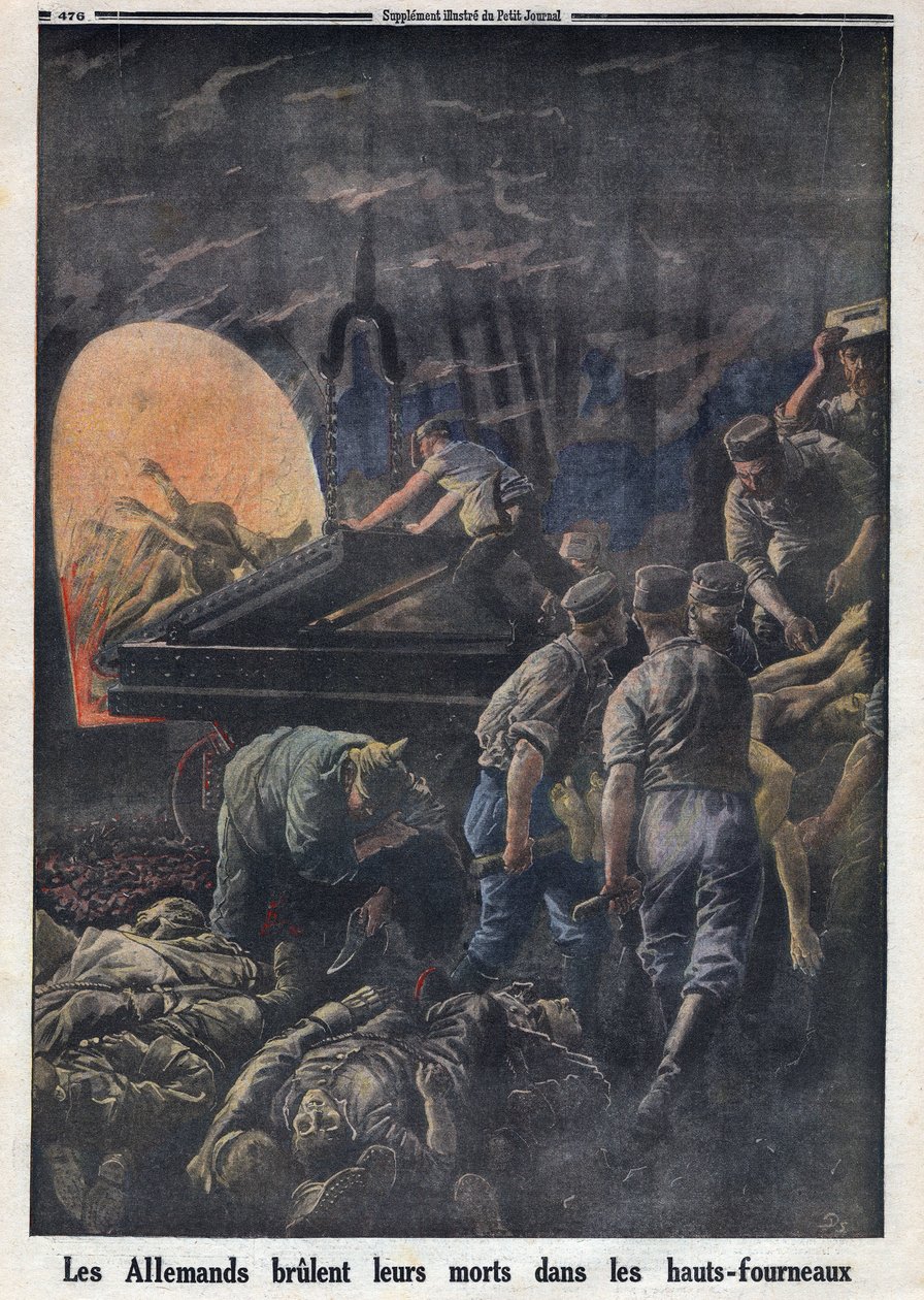 I wojna światowa 1914-1918 (wojna 14-18). Niemcy palą w piecach poległych żołnierzy. W „”Le Petite Journal””, dnia 23.04.1916. Prywatna kolekcja autorstwa Anonymous Anonymous
