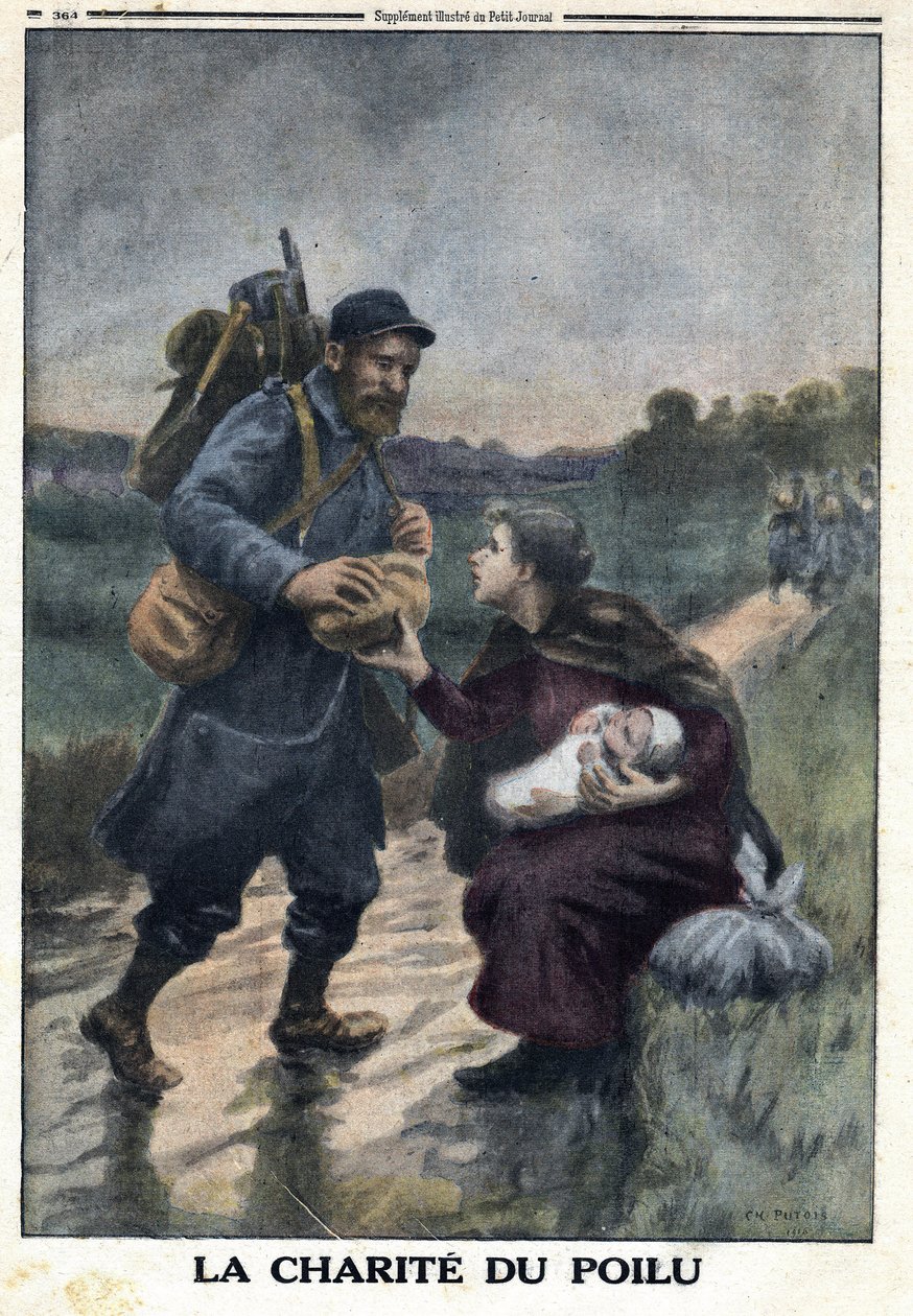 I wojna światowa 1914-1918 (wojna 14-18). Charytatywna owłosiona: francuski żołnierz na ścieżce zatrzymuje się, by ofiarować chleb kobiecie samotnie z dzieckiem. W „”Le Petite Journal””, dnia 9.01.2016 r. Prywatna kolekcja autorstwa Anonymous Anonymous