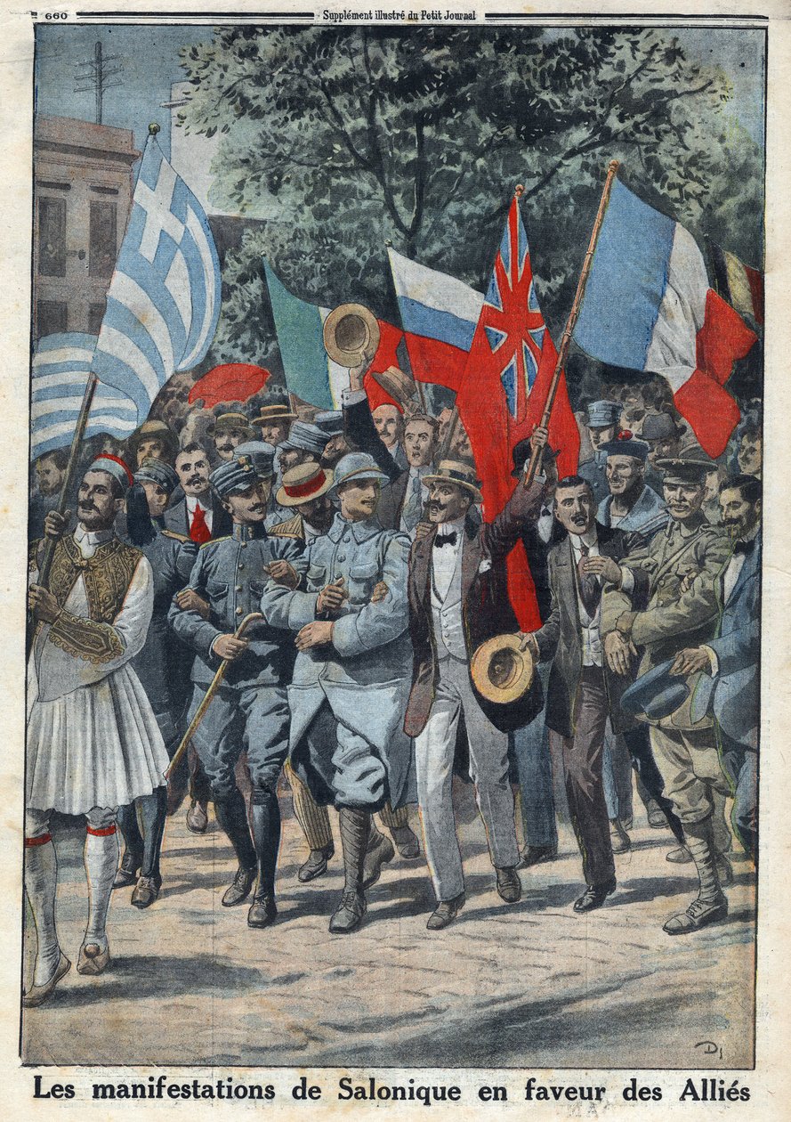 I wojna światowa 1914-1918 (wojna 14-18). Protesty w Salonikach (lub Salonikach w Grecji) na korzyść sojuszników. W „”Le Petite Journal””, dnia 24.09.1916. Prywatna kolekcja autorstwa Anonymous Anonymous
