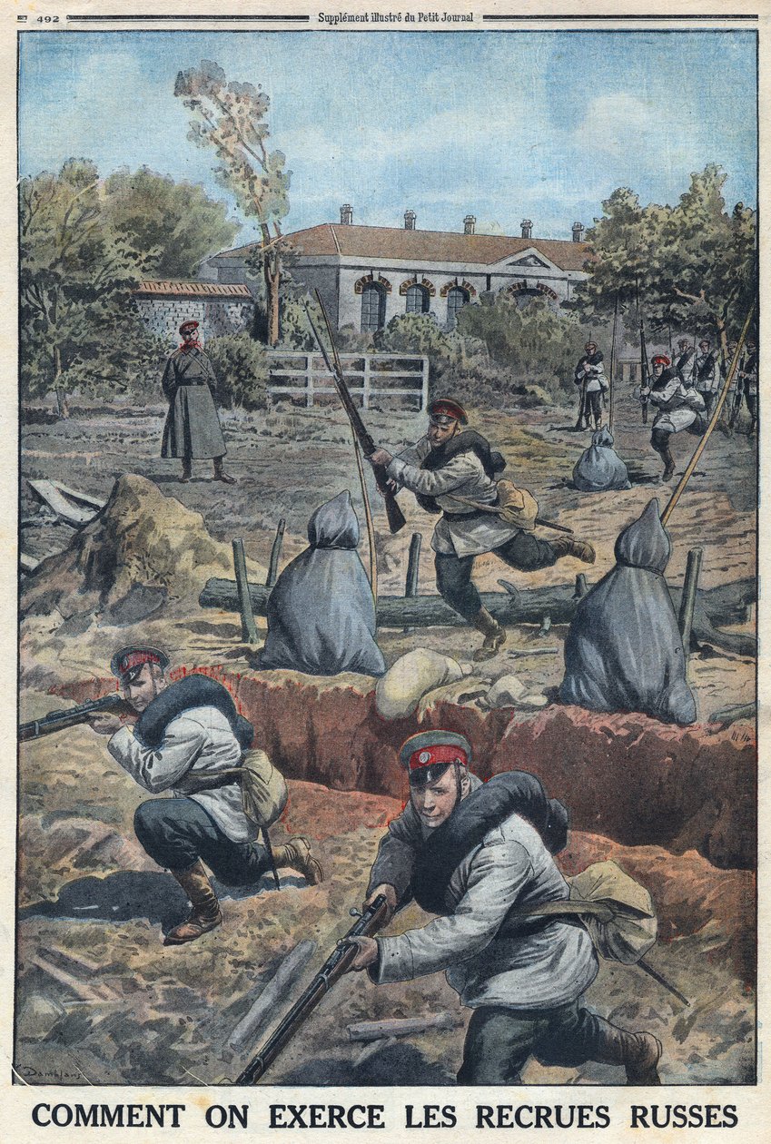 I wojna światowa 1914-1918 (wojna 14-18). Szkolenie młodych żołnierzy rekrutowanych przez armię rosyjską. W „” Le Petite Journal””, 30.04.1916. Prywatna kolekcja autorstwa Anonymous Anonymous