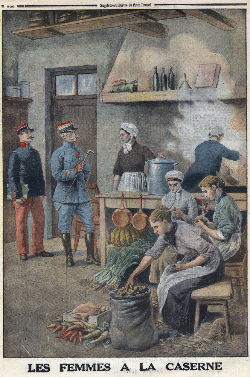 I wojna światowa 1914-1918 (wojna 14-18). Kobiety przygotowujące jedzenie w koszarowych kuchniach. Trzech kucharzy w garnku ziemniaczanym obiera ziemniaki. W „”Le Petite Journal””, dnia 7.05.1916 r. Prywatna kolekcja autorstwa Anonymous Anonymous