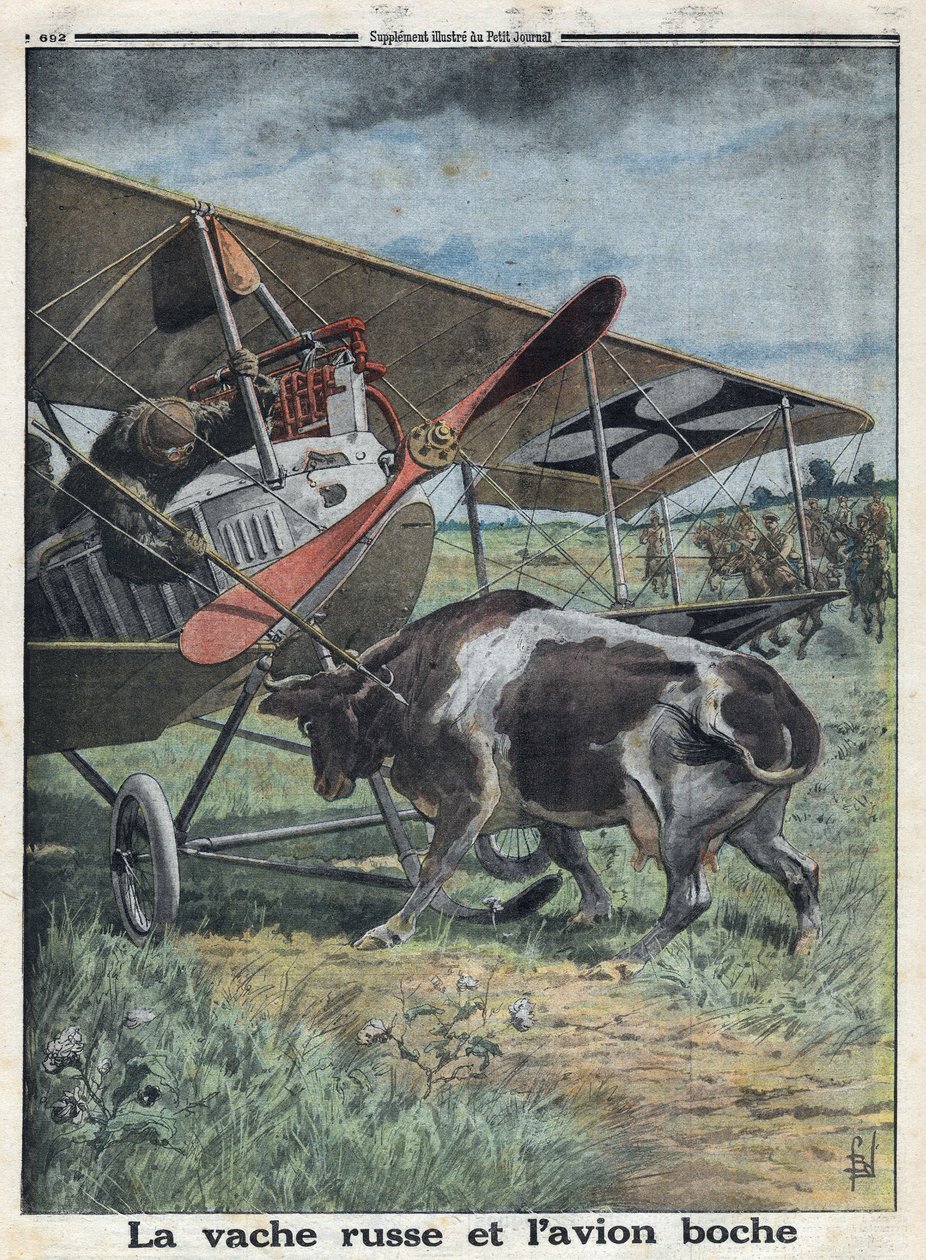I wojna światowa 1914-1918 (wojna 14-18). krowa w Rosji zapobiegająca rozgrzaniu samolotu armii niemieckiej. W „” Le Petite Journal””, 22.10.1916. Prywatna kolekcja autorstwa Anonymous Anonymous